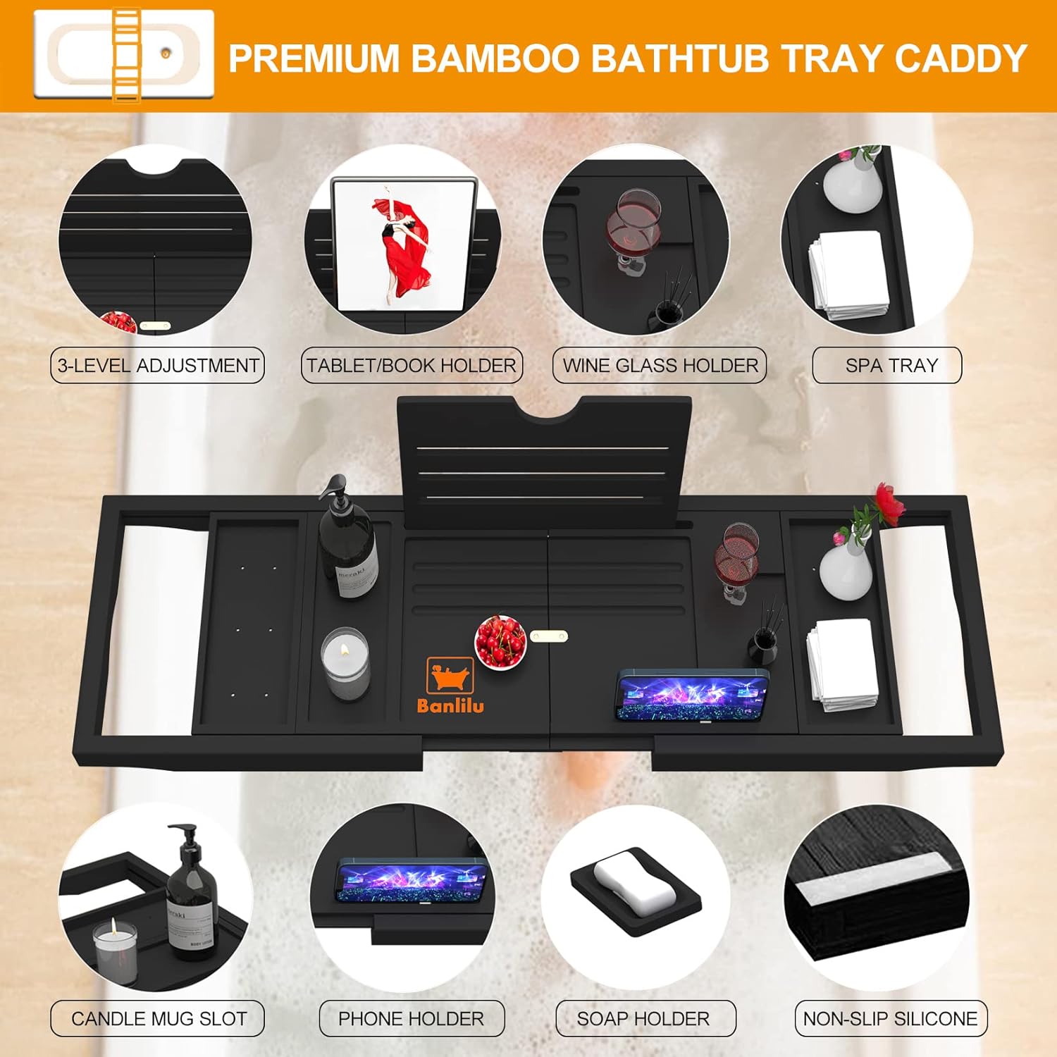 Premium Bathtub Tray Caddy - Bath Tray Bamboo Expandable - Bath Tub Tray Table for Bathtub - Expandable Size, Fits Most Bath Tubs