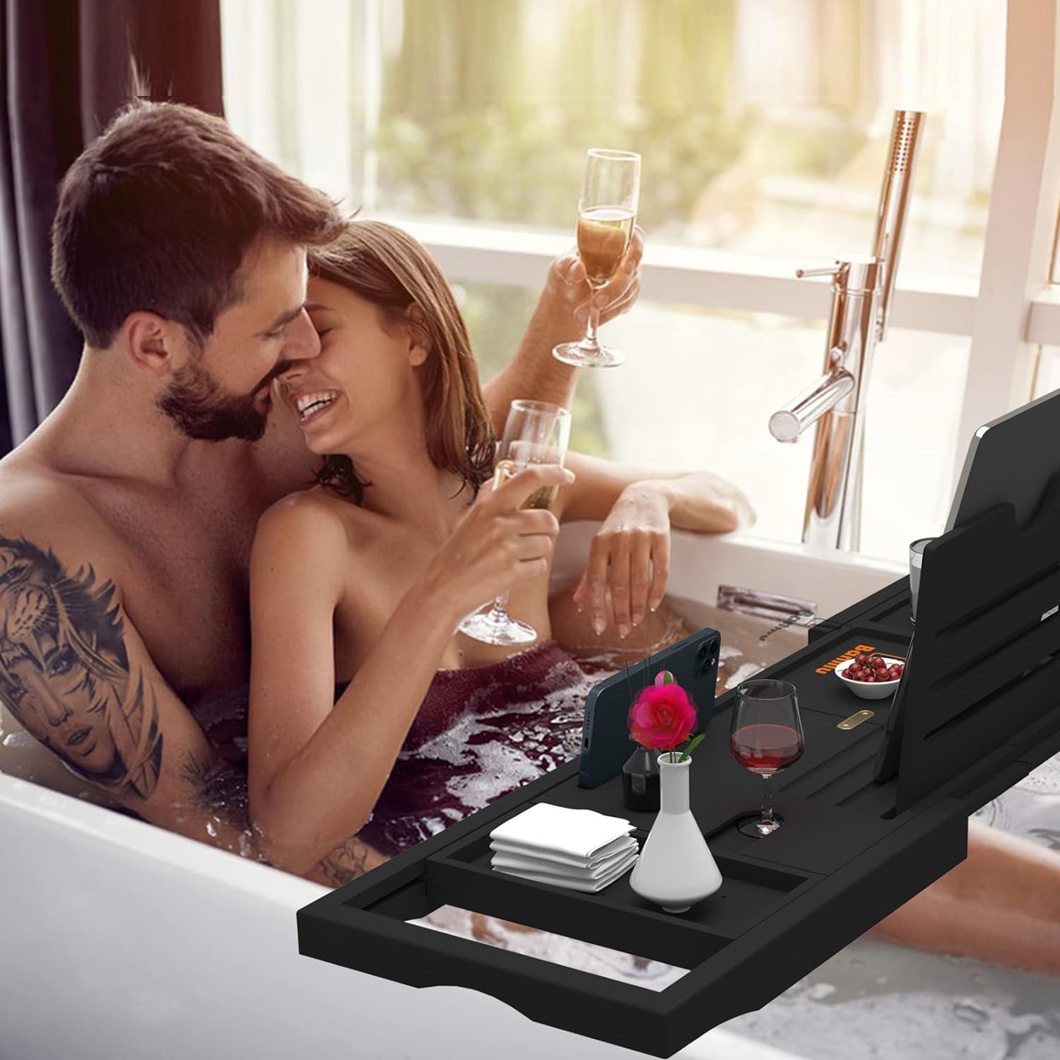 Premium Bathtub Tray Caddy - Bath Tray Bamboo Expandable - Bath Tub Tray Table for Bathtub - Expandable Size, Fits Most Bath Tubs