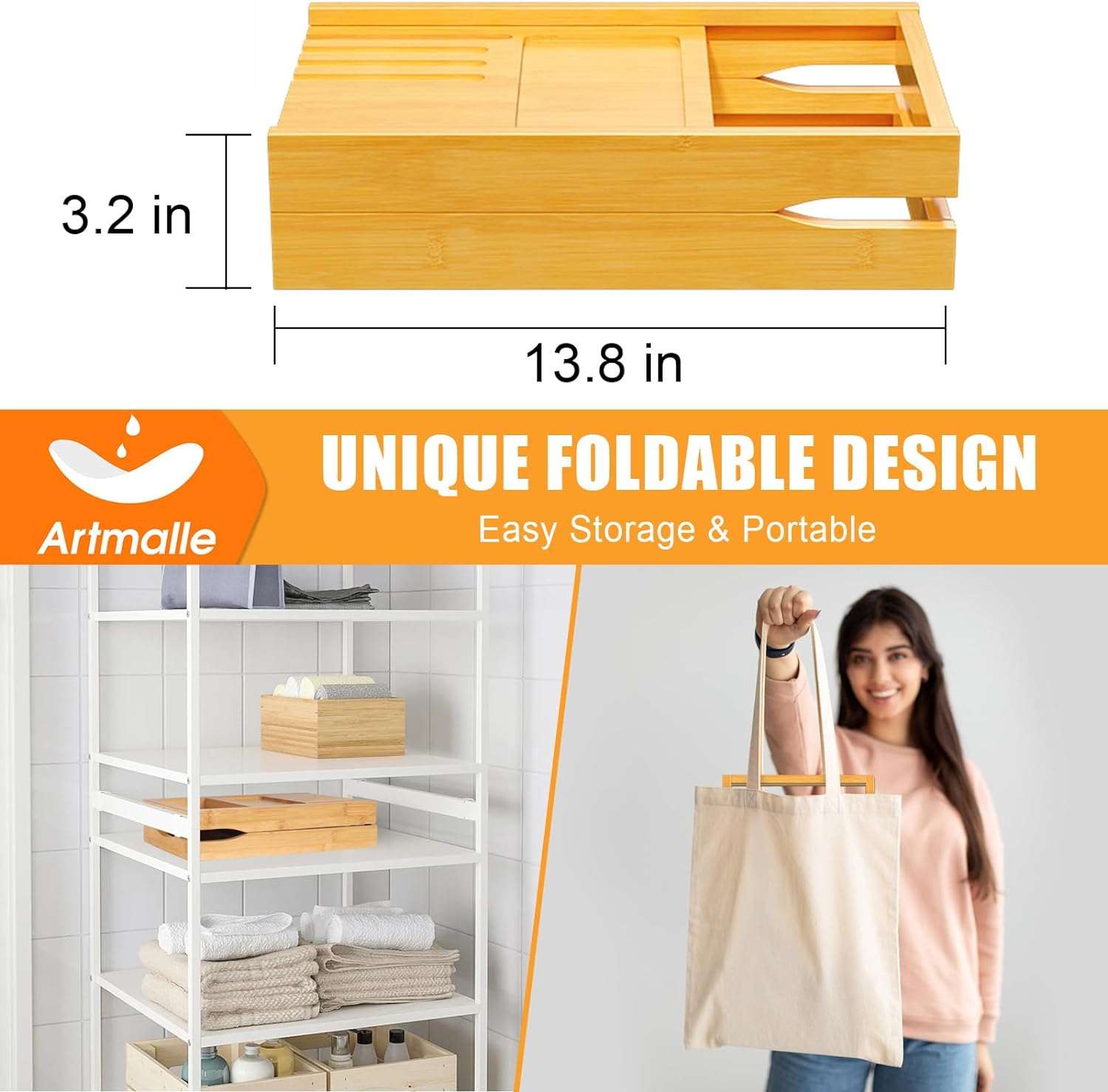 Artmalle Bathtub Caddy Tray for Tub,Foldable Bamboo Bath Table Tray with Book and Wine Glass Holder, Expandable Bathroom Accessories with Free Soap Dish Suitable for Luxury Spa or Reading