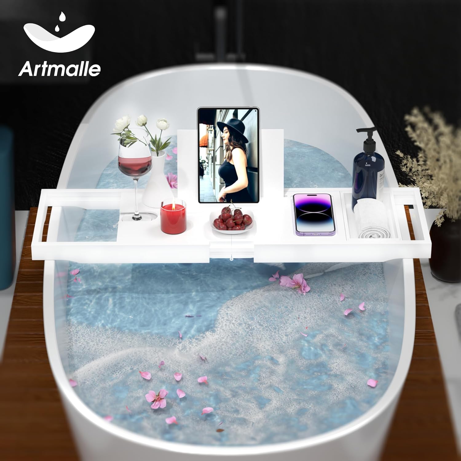 Artmalle Bathtub Caddy Tray for Tub,Foldable Bamboo Bath Table Tray with Book and Wine Glass Holder, Expandable Bathroom Accessories with Free Soap Dish Suitable for Luxury Spa or Reading