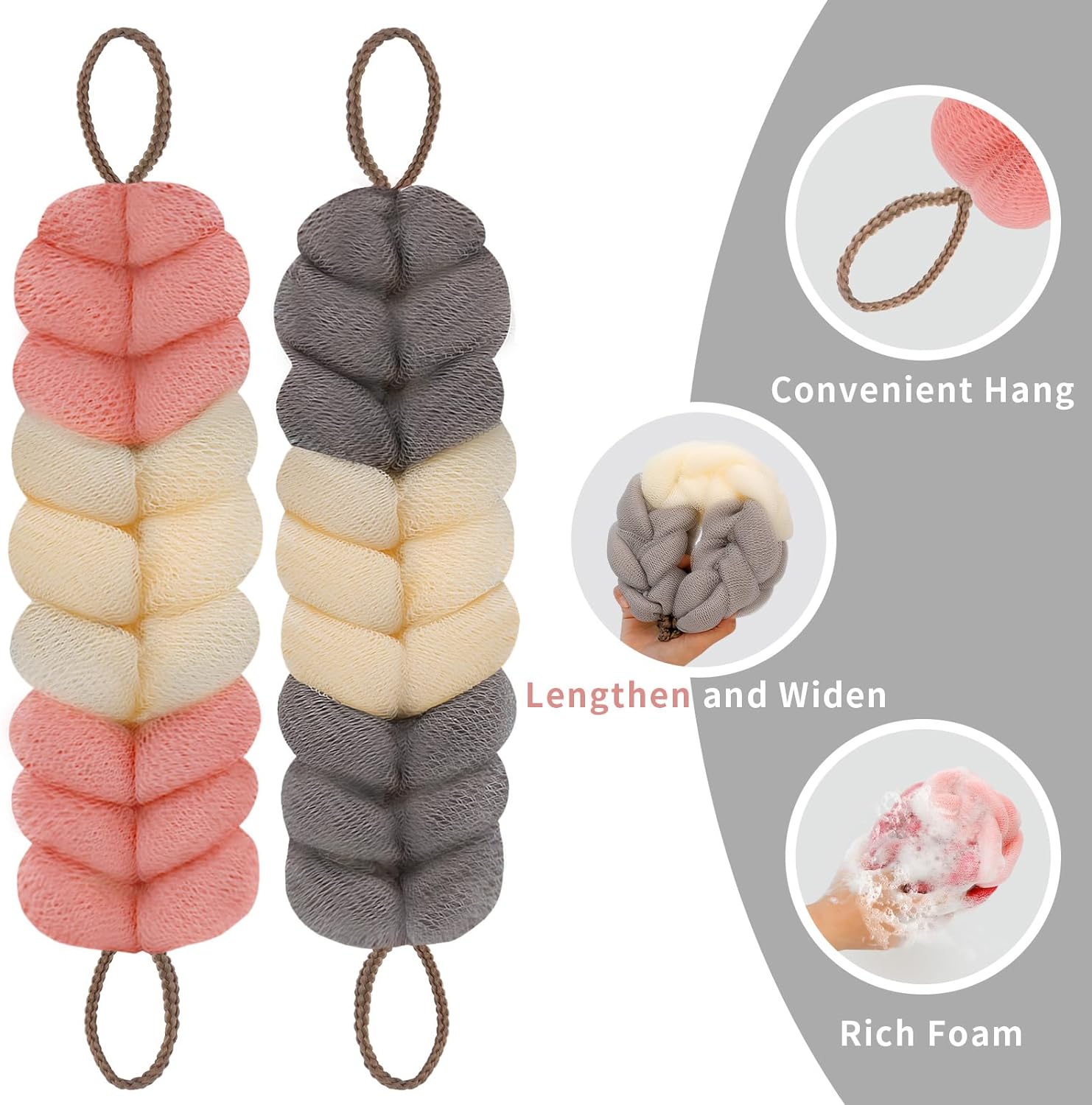 BCKENEY Bath Loofah Shower Sponge Soft Mesh Loofah Body Scrubber with Long Loofah Bath Sponge for Men Women Body Wash Exfoliator Shower Puffs