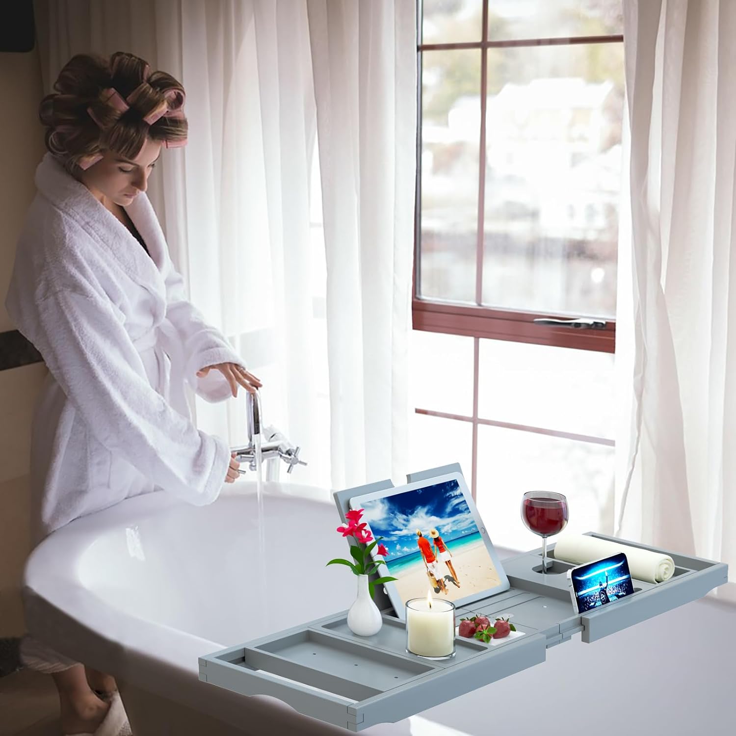 Premium Bathtub Tray Caddy - Bath Tray Bamboo Expandable - Bath Tub Tray Table for Bathtub - Expandable Size, Fits Most Bath Tubs