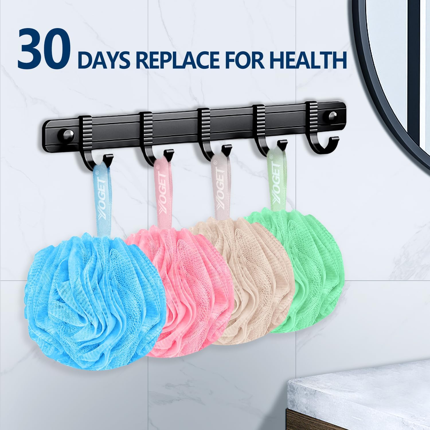 Yoget Charcoal Bath Loofah Sponge, 4 Pack Black 60G Large Shower Mesh Ball Soft Pouf Body Scrubber, Exfoliate, Cleanse, Soothe Skin, Black Loofah with White Trim