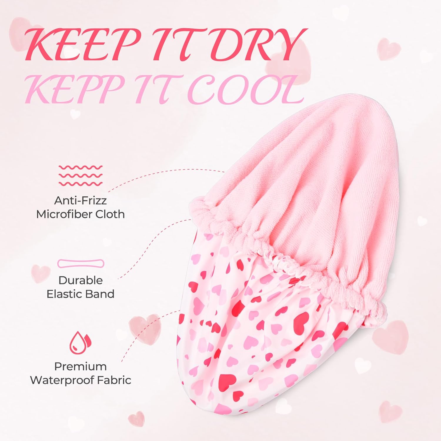 Shower Cap for Women Terry Lined Bath Cap Large Reusable Waterproof Elastic Band Pink Shower Caps for Long Thick Hair Soft Bath Shower Hair Caps