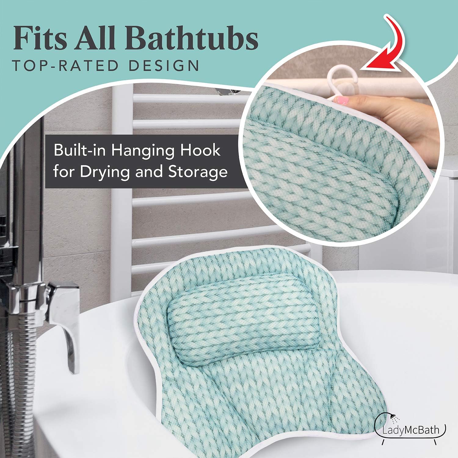 Lady McBath Bath Pillow - Luxury Bath Pillows for Tub Neck and Back Support - Powerful Suction Cups, Machine Washable Bathtub Accessory for Relaxation (Turquoise)