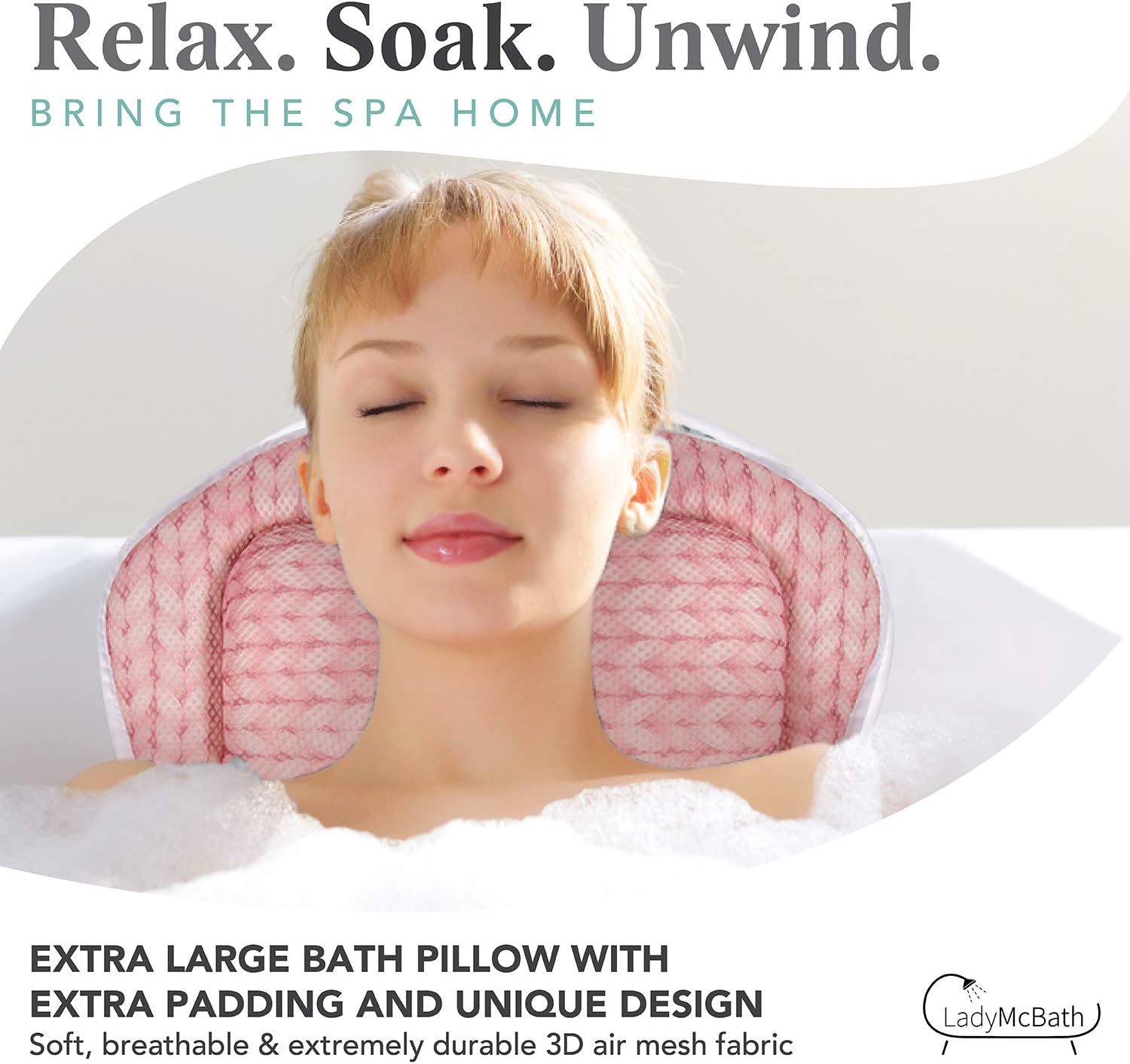 Lady McBath Bath Pillow - Luxury Bath Pillows for Tub Neck and Back Support - Powerful Suction Cups, Machine Washable Bathtub Accessory for Relaxation (Turquoise)