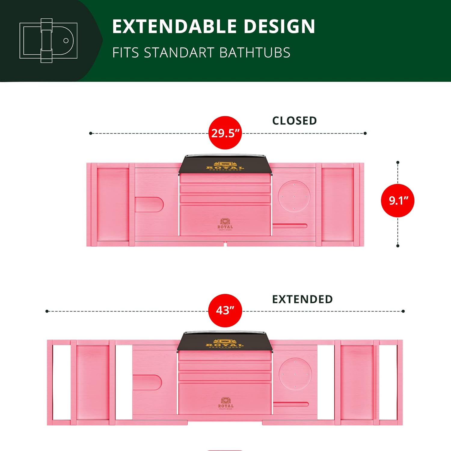ROYAL CRAFT WOOD Foldable Bathtub Tray Caddy Bamboo Bathtub Tray Expandable, Bath Tub Table Caddy with Extending Sides - Free Soap Dish