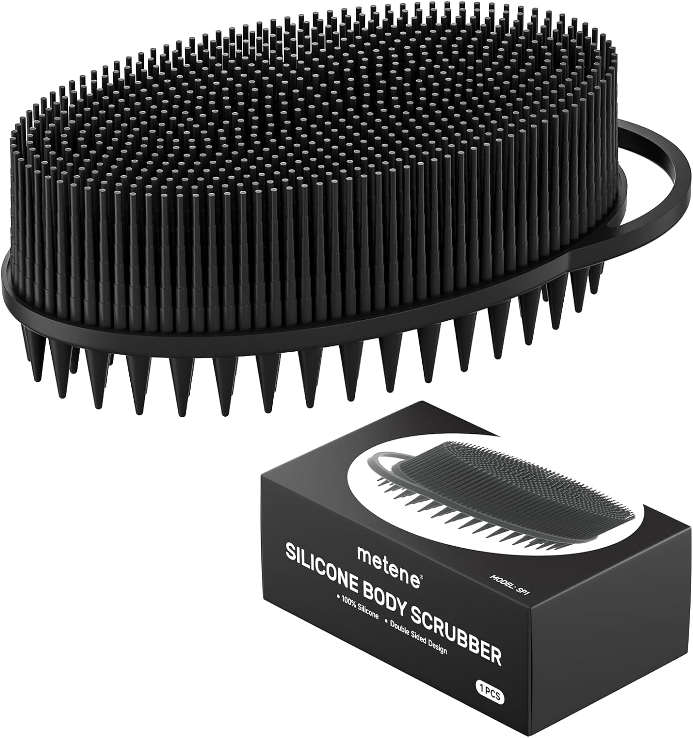 Metene Silicone Body Scrubber, Exfoliating Body Scrubber for Use in Shower,Lathers Well, Long Lasting, Soft Body Scrubber for Shower and Bath Skincare Routine(Black with Loop)