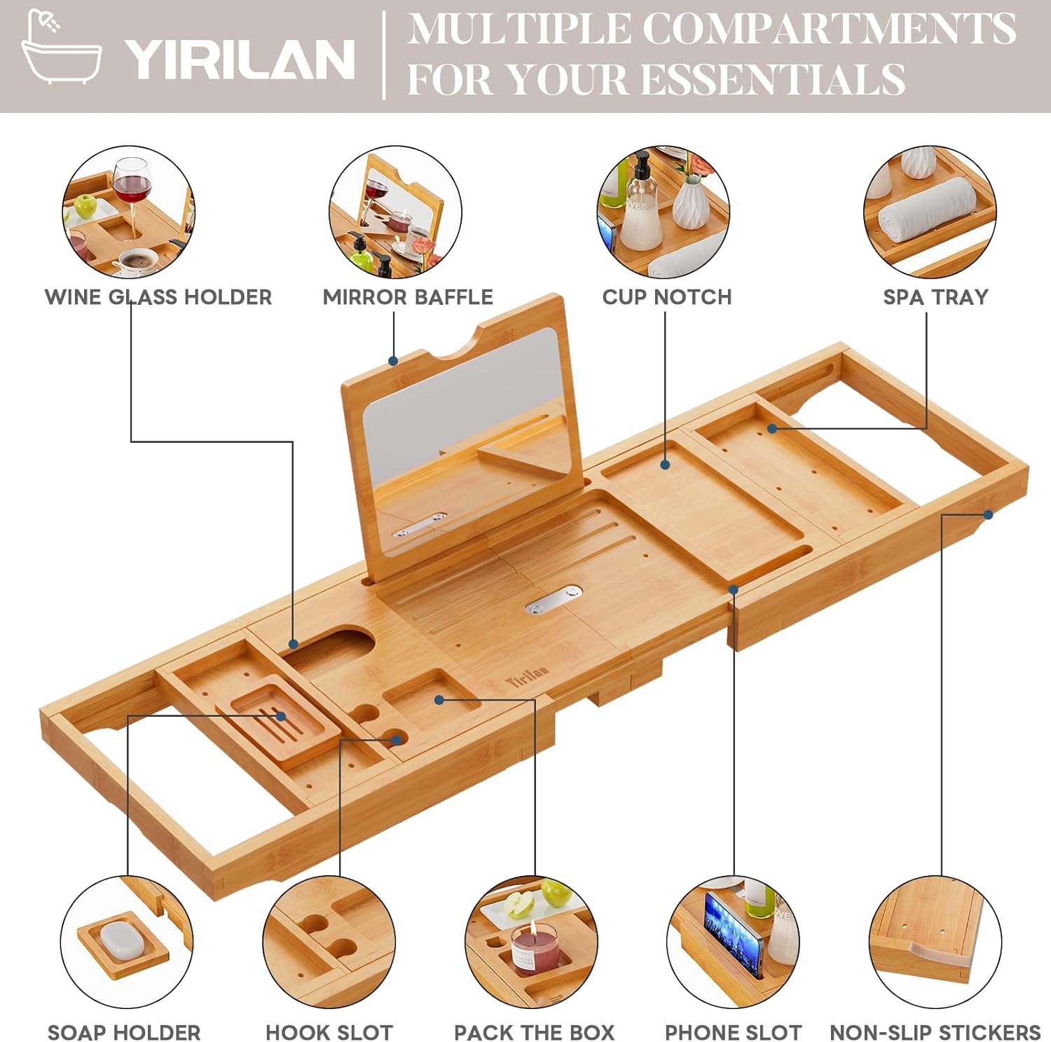Yirilan Premium Bathtub Tray Caddy - Expandable Bath Tray - Unique House Warming Gifts, New Home, Anniversary & Wedding Gifts for Couple, Bridal Shower Gift for Women