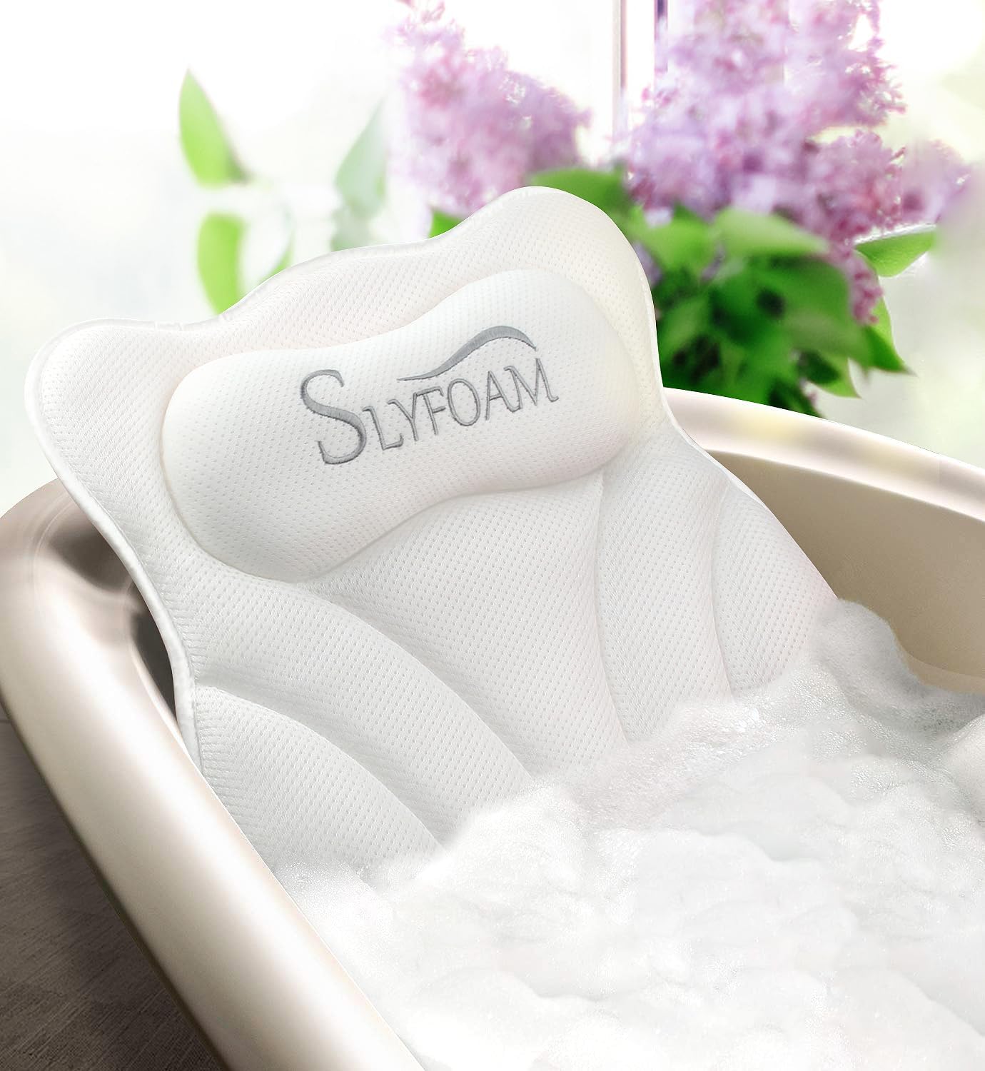 Bath Pillow for Tub Neck and Back Support Bathtub Pillow Essential Bath Accessory for Soaking, Jacuzzi or Spa Bathtub, Luxury Soft 4D Bath Tub Pillow with Strong Suction Cups for Body Relaxing - White