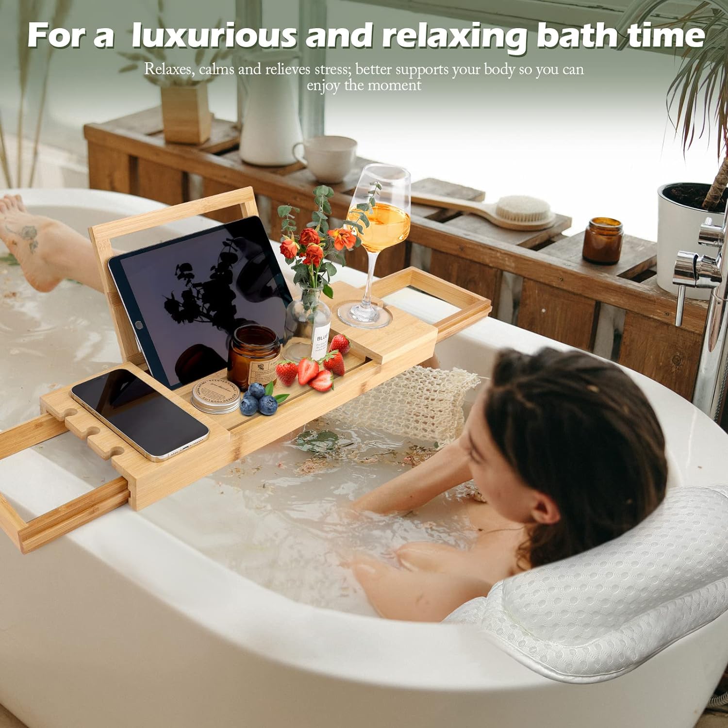 HMGDFUE Bamboo Bathtub Tray for Luxury Bath,Foldable Expandable Bath Tray for Bathtub Bath Tub Tray Table with Wine Glass Holder and Phone Book Holder for Couples Wedding Gifts for Mom Women