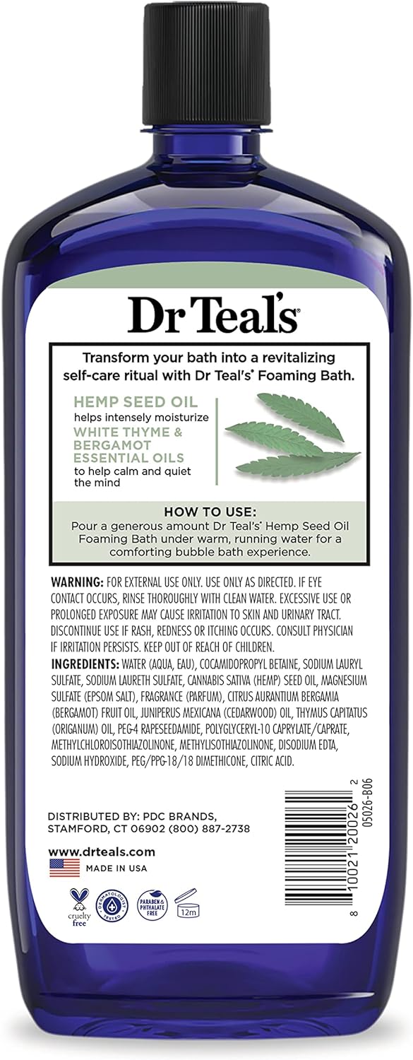 Dr Teal's Foaming Bath with Pure Epsom Salt, Cannabis Sativa Hemp Seed Oil, 34 fl oz (Pack of 4) (Packaging May Vary)
