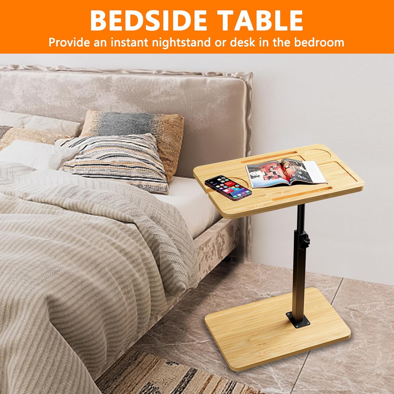 Bathtub Caddy Tray Table with Adjustable Height, Freestanding Bath Caddy Tray with Reading Rack, Tablet Holder, Cellphone Tray and Wine Glass Holder, Organizer Tray-A