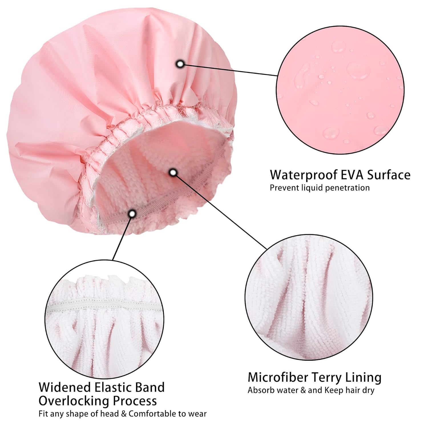Shower Caps for Women, Terry Cloth Lined EVA Exterior Elastic and Reusable Bath Caps, Double Waterproof Layers Shower Cap, Bathing Shower Caps, Environmental Protection Bath Hair Cap - Pink