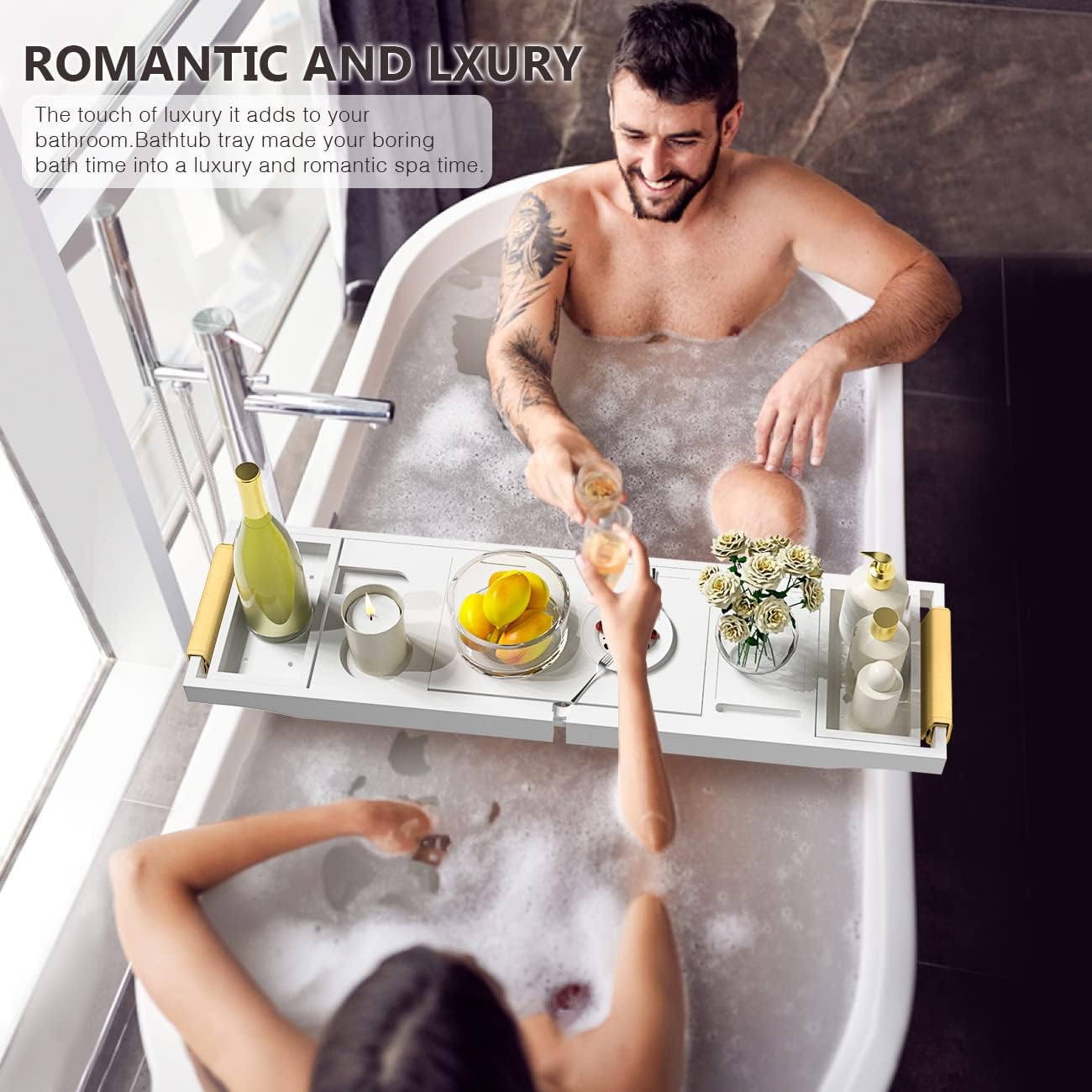 Bathtub Tray Luxury Bathtub Caddy, Expandable Bath Tray with Leather Grip, Adjustable 1 or 2 Person Bath Table Bed Tray with Slots for book Phone holder, Bamboo Bathroom Organizer & Accessories, White