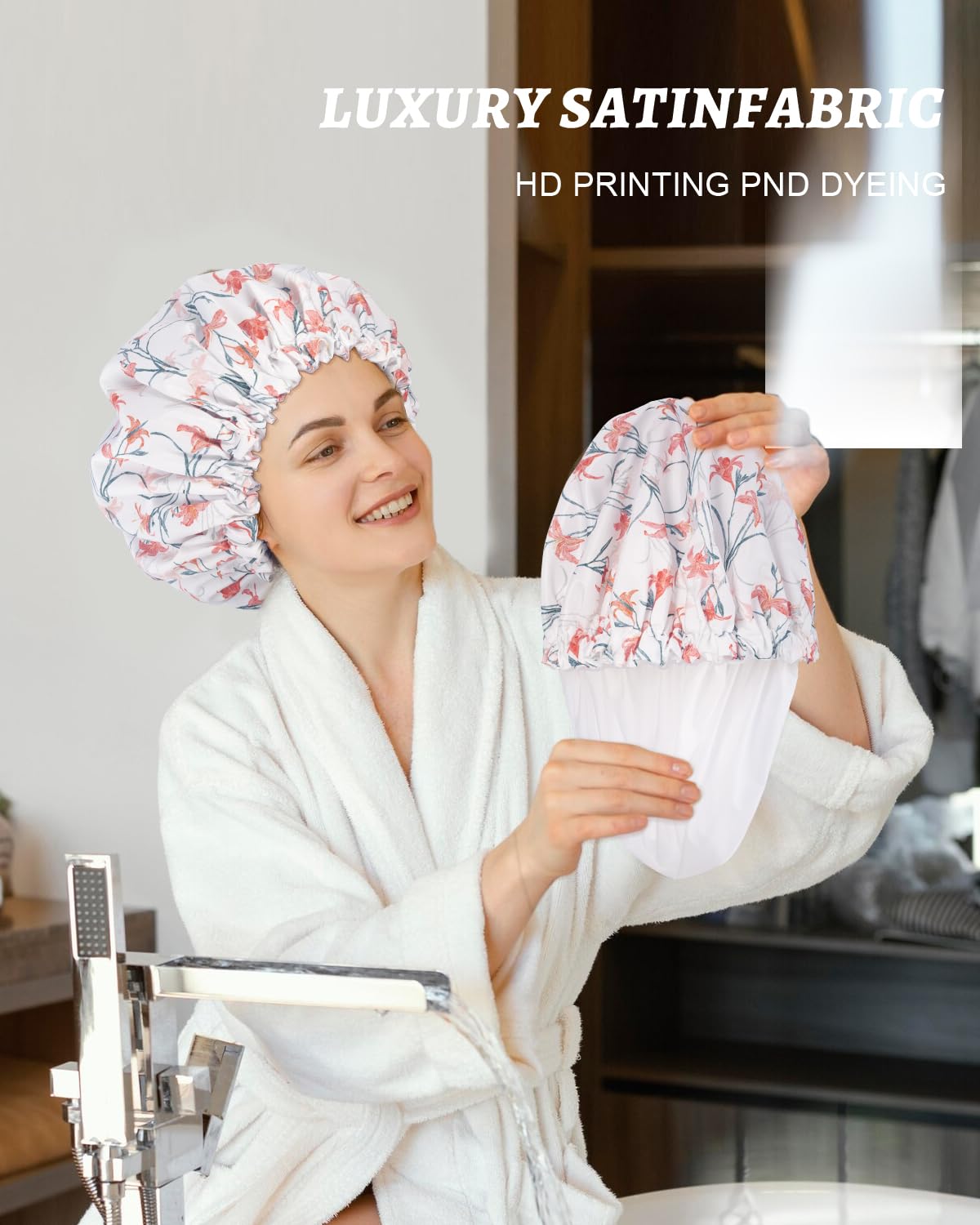 Aquior Shower Caps, Double Layer Waterproof Shower Cap for Women, Reusable Large Shower Cap for all Hair Lengths with EVA Lining, Soft Bath Shower Caps