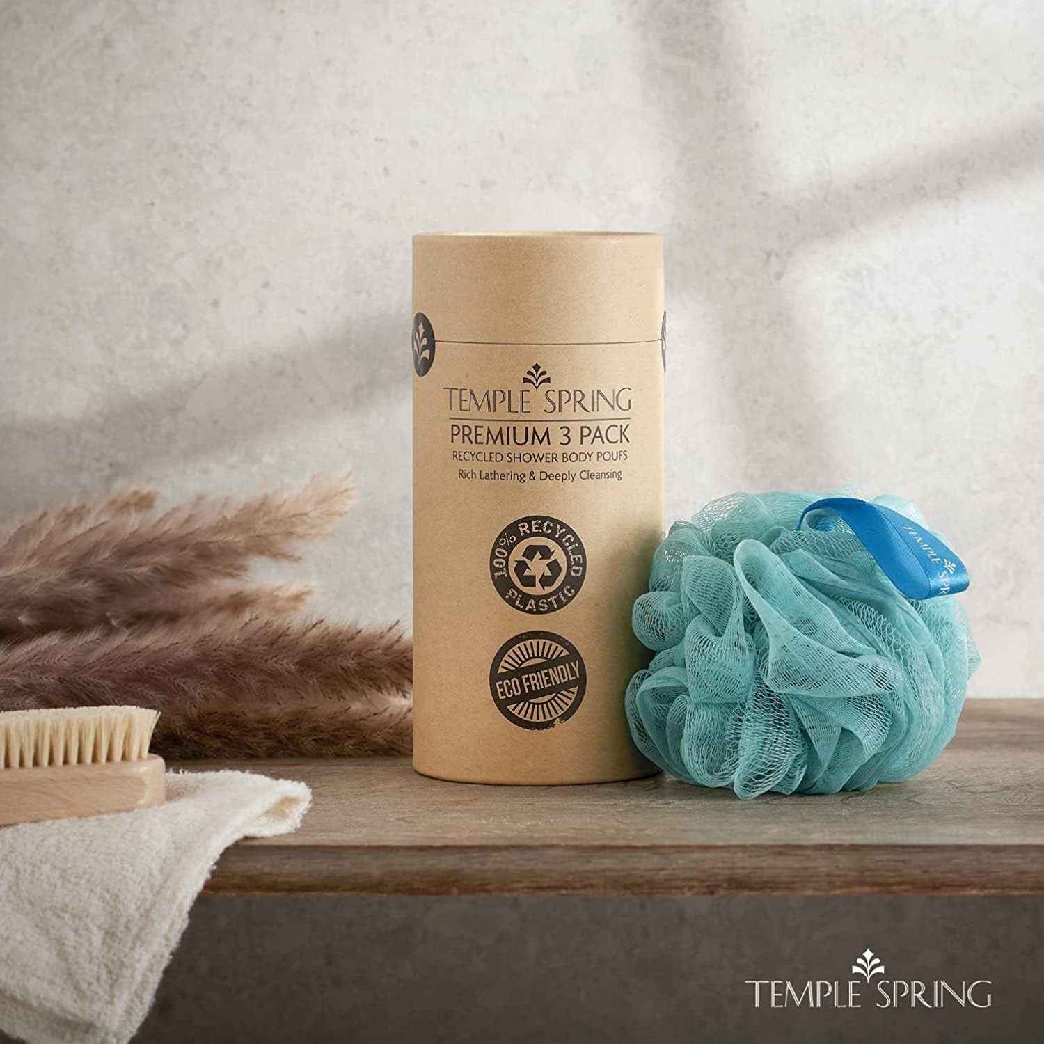 Shower Loofahs - 3 pack Natural Recycled Shower Poufs and Skin Scrubber Set for Men and Women - Exfoliating Body Bath Scrunchies Sponges for Bathroom & Shower