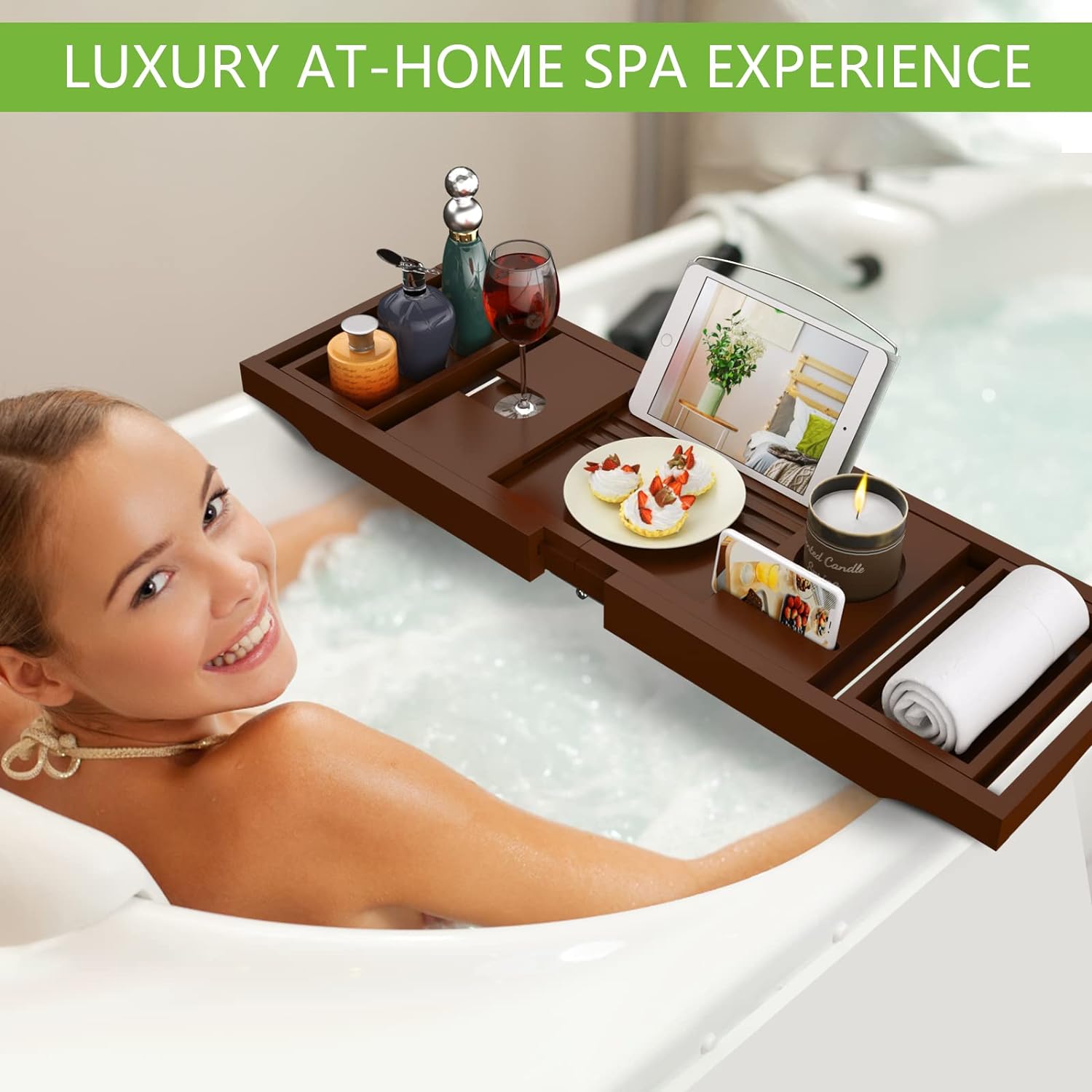 Artmalle Bathtub Caddy Tray for Tub,Foldable Bamboo Bath Table Tray with Book and Wine Glass Holder, Expandable Bathroom Accessories with Free Soap Dish Suitable for Luxury Spa or Reading