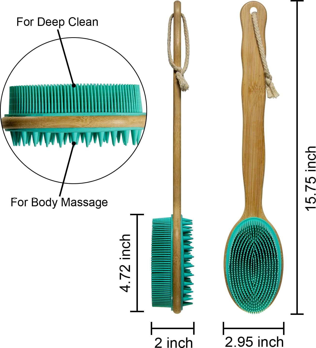 Silicone Body Scrubber with Long Handle, Dual-Sided Exfoliating Back Scrubber, 2 in 1 Bath Shower Brush for Dry and Wet - Green