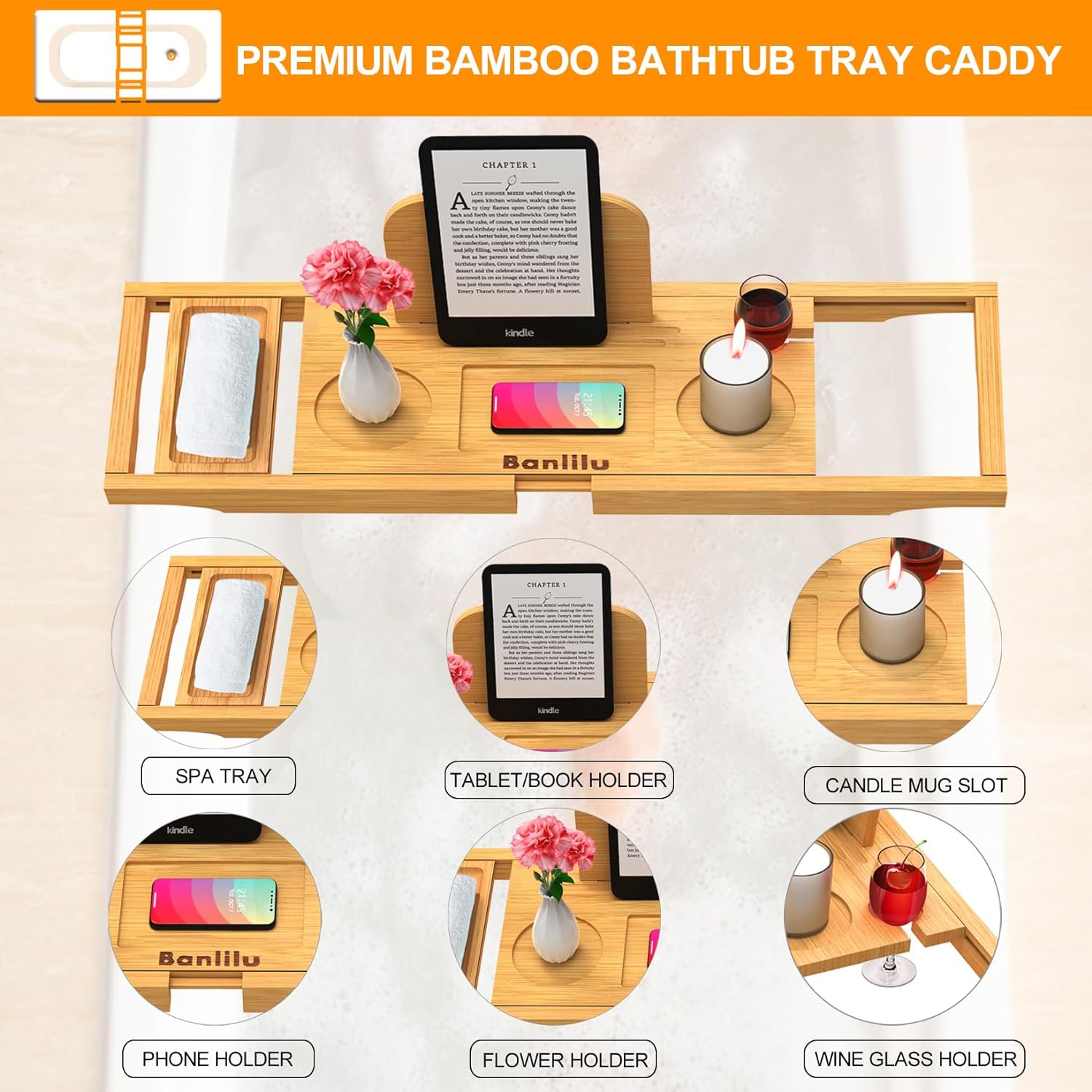 Premium Bathtub Tray Caddy - Bath Tray Bamboo Expandable - Bath Tub Tray Table for Bathtub - Expandable Size, Fits Most Bath Tubs