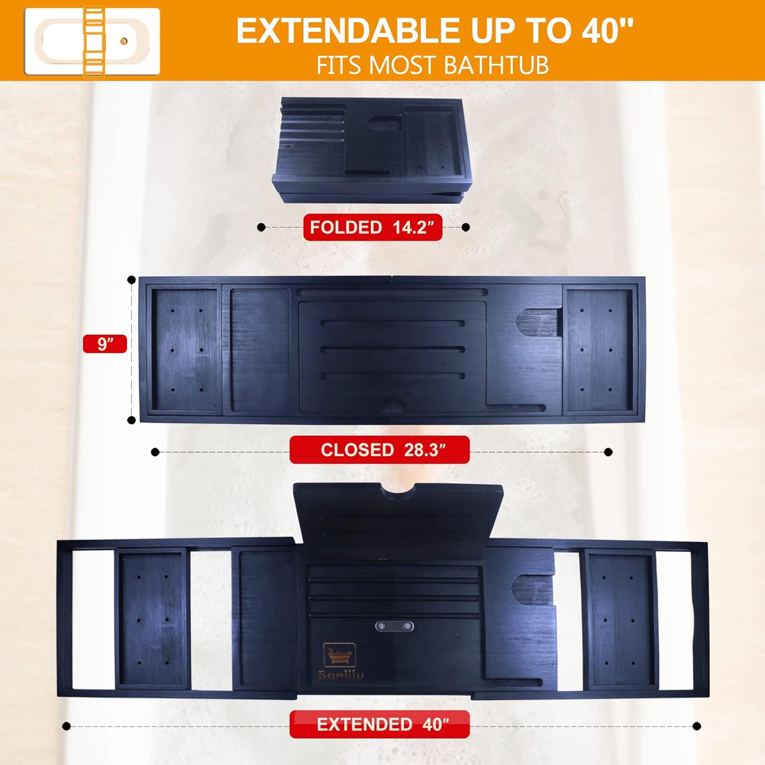 Premium Bathtub Tray Caddy - Bath Tray Bamboo Expandable - Bath Tub Tray Table for Bathtub - Expandable Size, Fits Most Bath Tubs