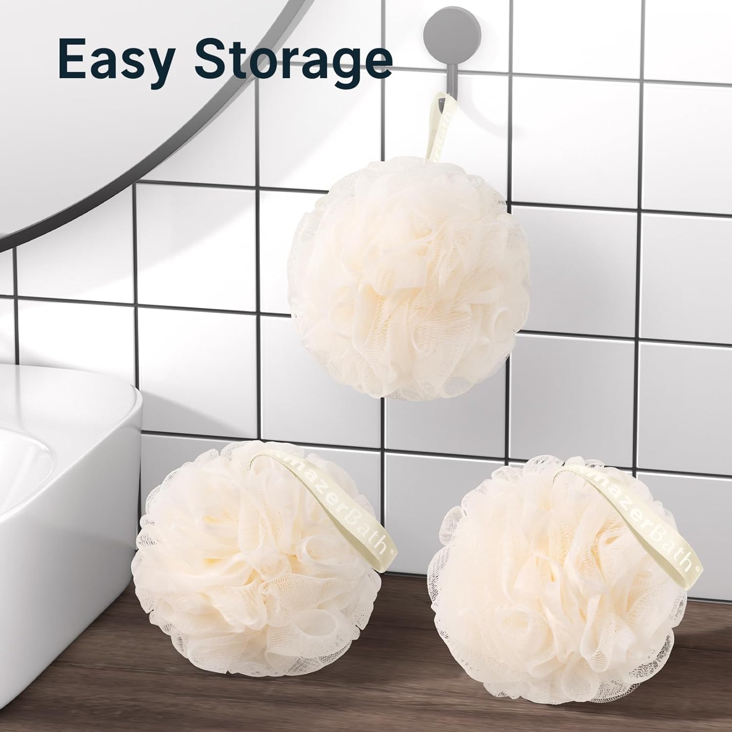 AmazerBath Loofah Sponge, Shower Loofah for Men and Women - Body Scrubber Loofa Set of 3 Classic Black & White Edge, Bath Sponge 60g/PCS