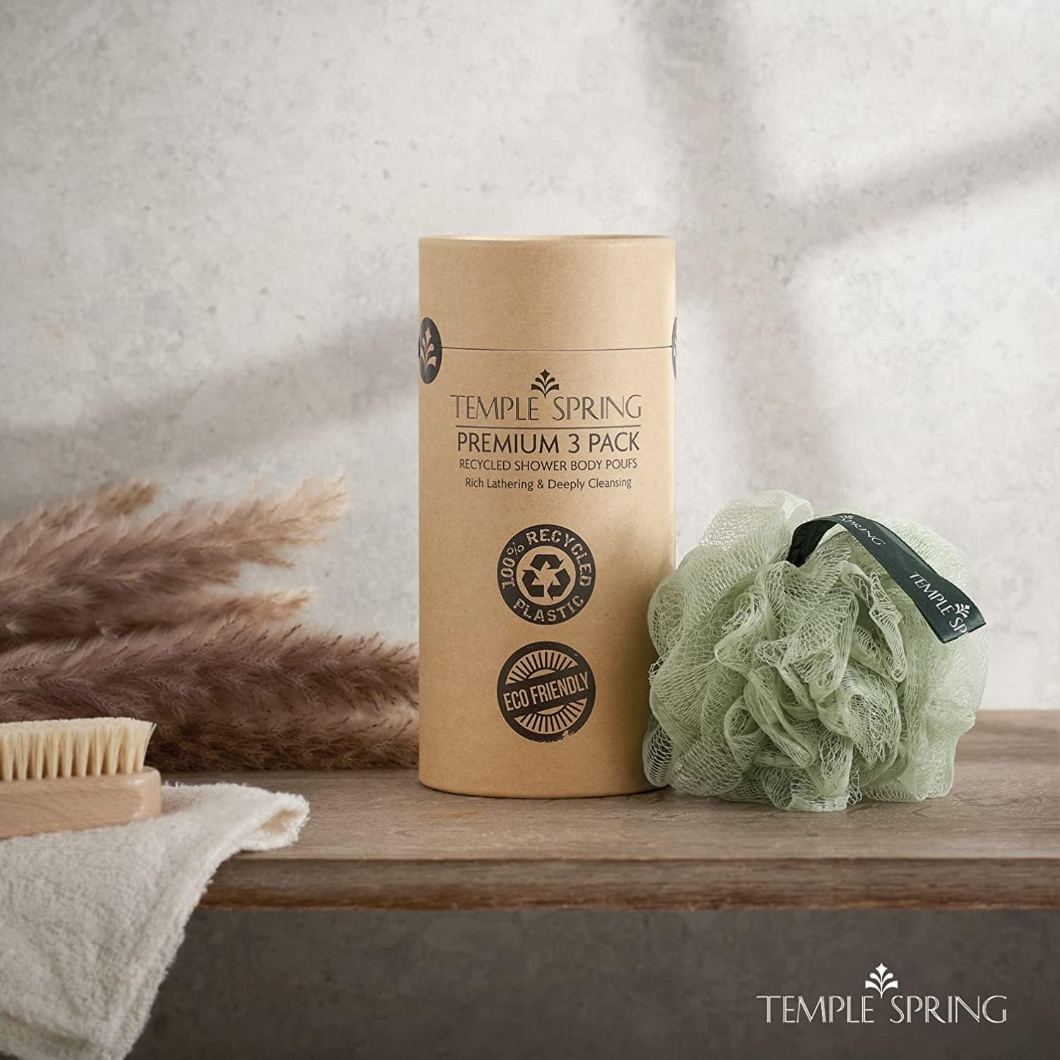 Shower Loofahs - 3 pack Natural Recycled Shower Poufs and Skin Scrubber Set for Men and Women - Exfoliating Body Bath Scrunchies Sponges for Bathroom & Shower