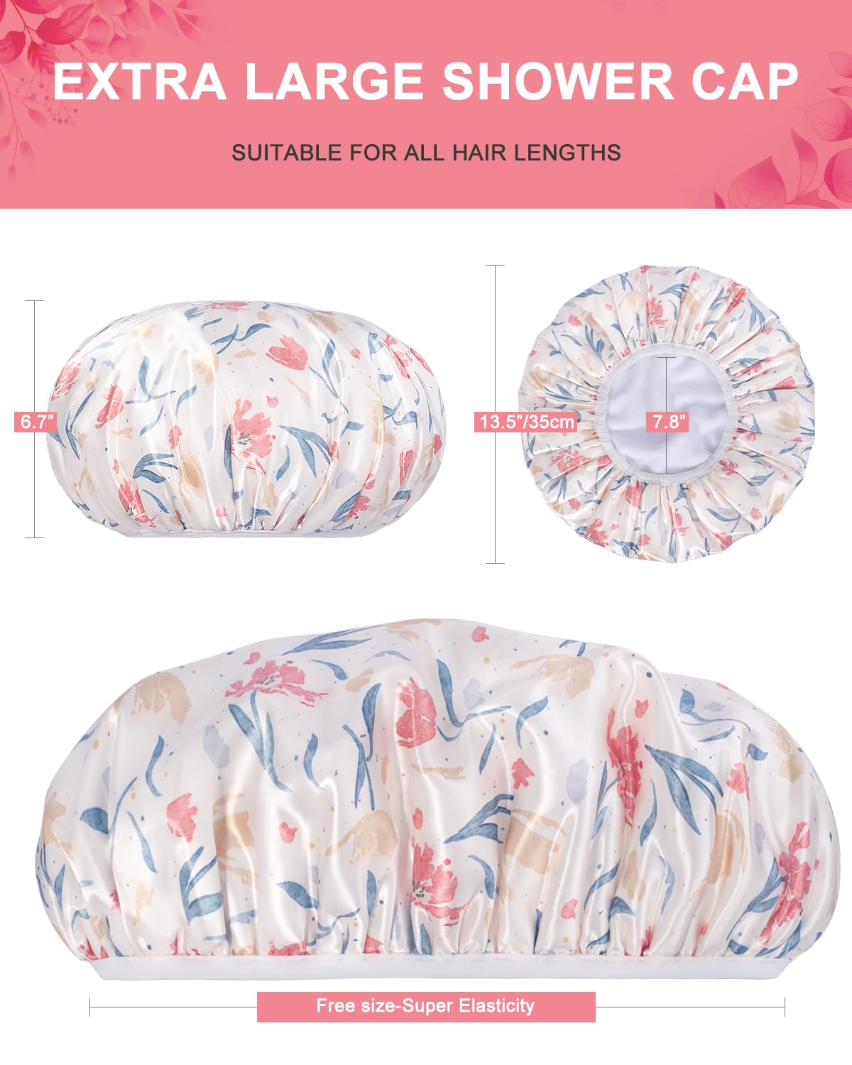 Aquior Shower Cap,Terry Cloth Lined Shower Cap for Women Reusable, Triple Layer Waterproof Bath Cap, Extra Large for Women Long Hair