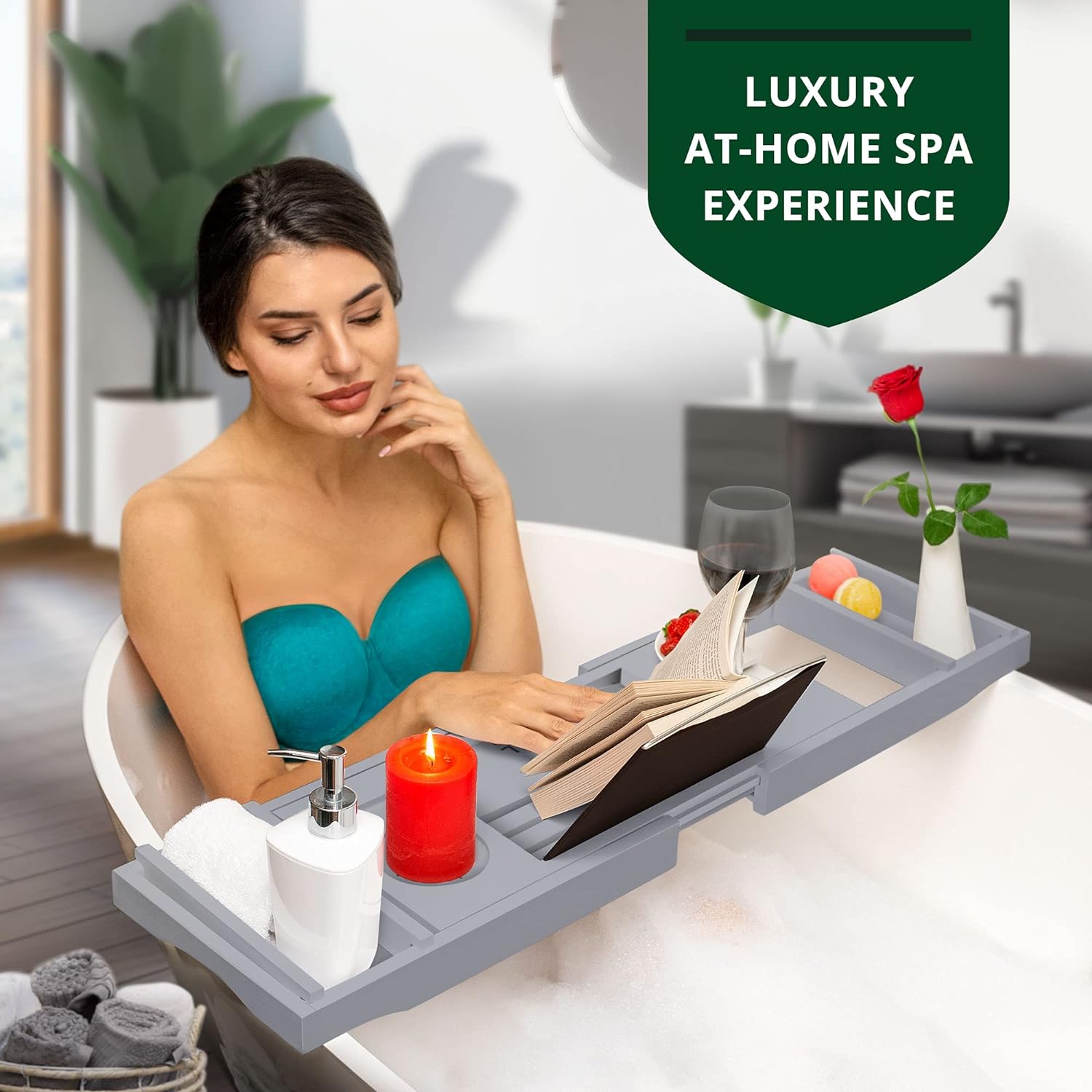 ROYAL CRAFT WOOD Foldable Bathtub Tray Caddy Bamboo Bathtub Tray Expandable, Bath Tub Table Caddy with Extending Sides - Free Soap Dish