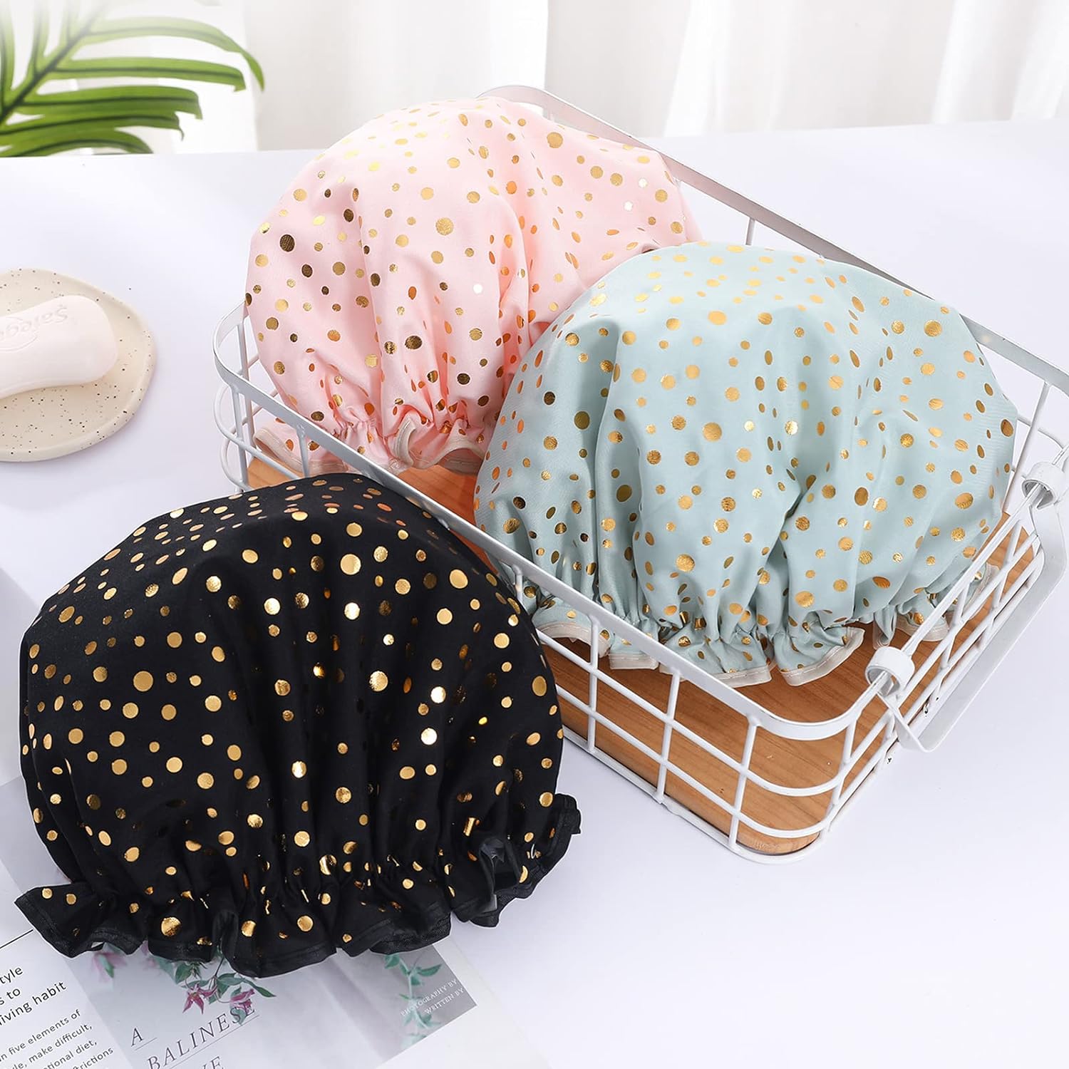 Qeuly 2 Pack Waterproof Shower Cap, Reusable Shower Cap for Women, Elastic Bathing Shower Hat Double Layers Bathing Hair Cap PEVA Lined Shower Hair Bath Cap (Pink)