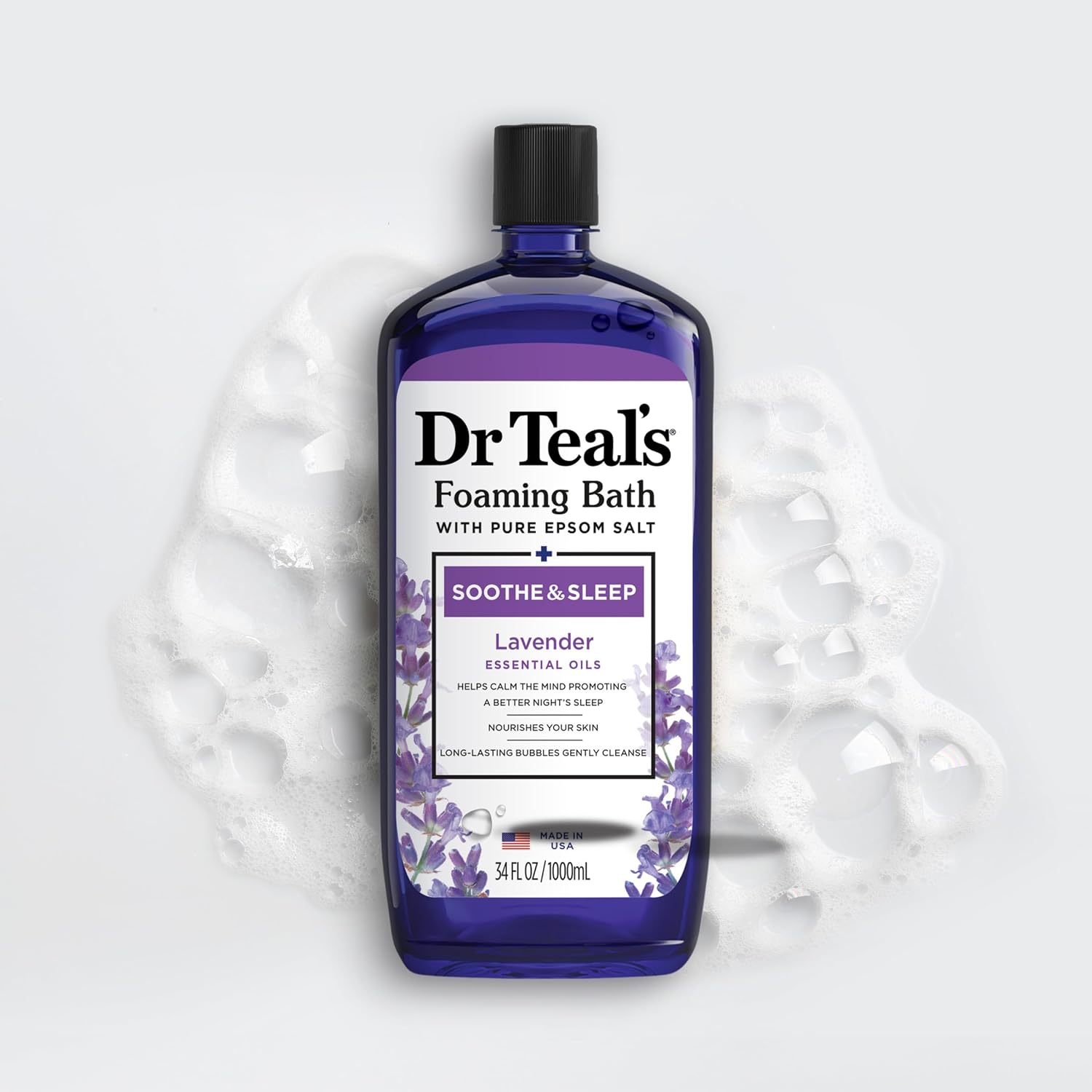 Dr Teal's Foaming Bath with Pure Epsom Salt, Sleep Blend with Melatonin, Lavender & Chamomile Essential Oils, 34 fl oz (Pack of 4) (Packaging May Vary)