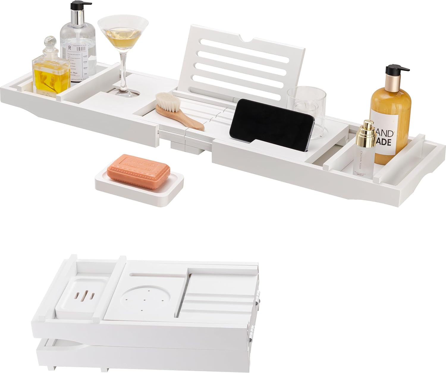 HBlife Bathtub Caddy Tray Foldable Bamboo Bath Table Tray with Book and Wine Glass Holder, Expandable Bathroom Accessories