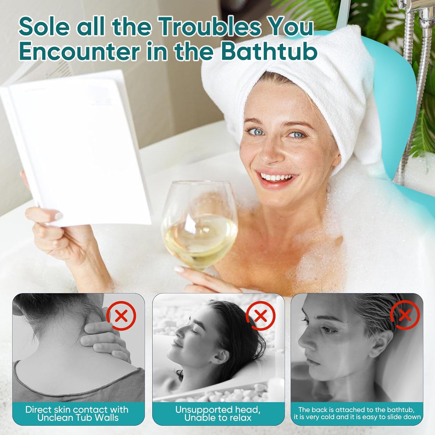 Full Body Bath Pillow, Bath Pillows for Tub with Powerful Non-Slip Suction Cups and Mesh Laundry Bag, Thick Bathtub Pillow for Head Neck and Back Support, Quick Drying & 3D Air Mesh, Blue