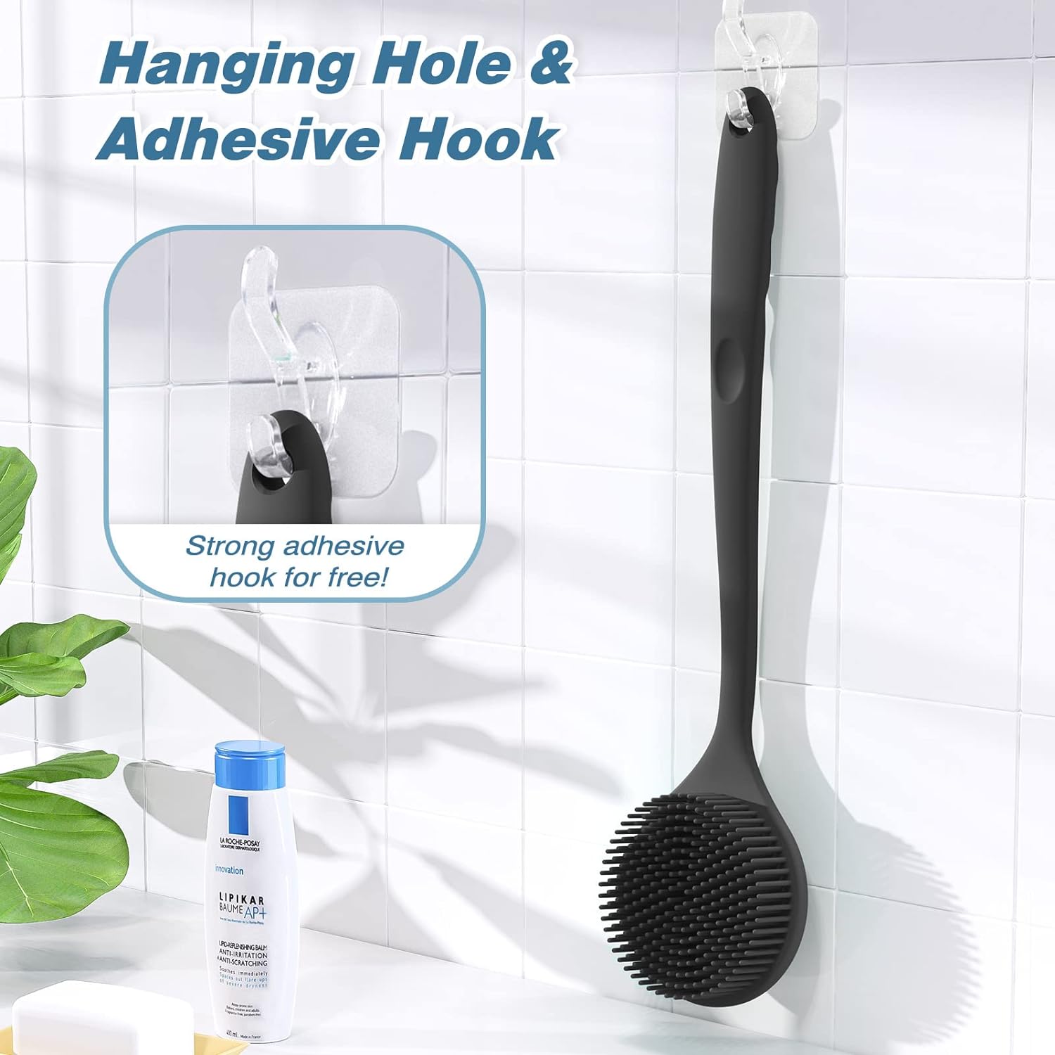 Manmihealth Silicone Back Scrubber(Thick Bristles) & Soft Bath Glove Set, Super-Exfoliating Body Scrubber & Super-Lathering Shower Brush Combination, with a Free Hook.(Black)