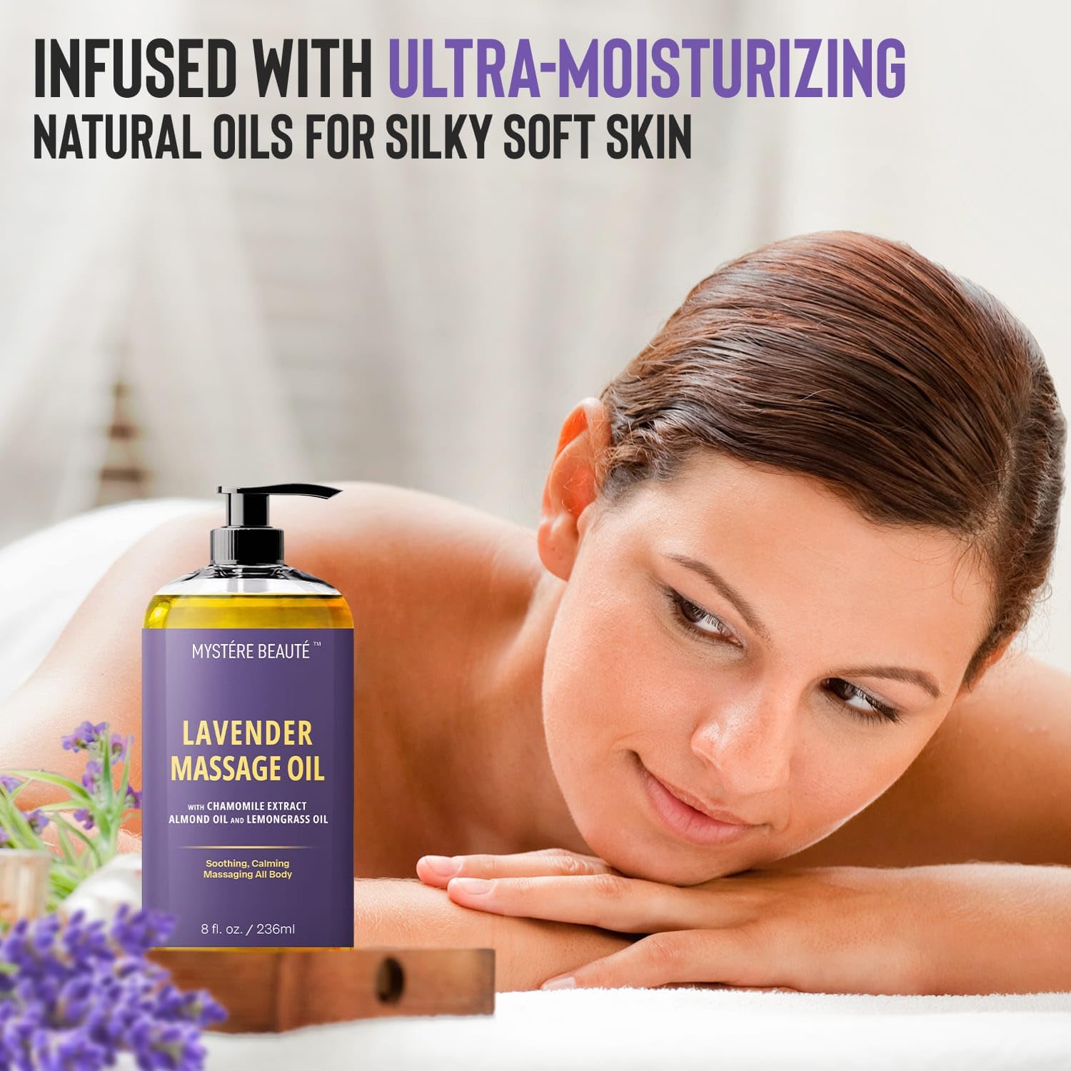 MYSTÉRE BEAUTÉ Sore Muscle Massage Oil for Massage Therapy with Arnica - Relaxing, Warming, Eases Muscle Soreness & Stiffness - Moisturizes Skin - Premium-Quality - 8 fl oz