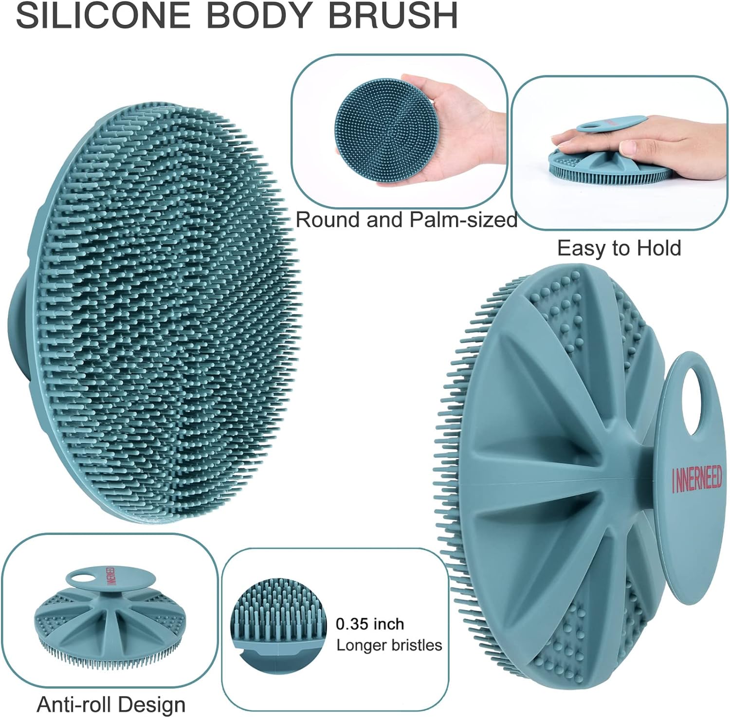 INNERNEED Food-Grade Soft Silicone Body Scrubber Shower Brush Handheld Cleansing Skin Brush, Gentle Exfoliating and Lather Well (Black)