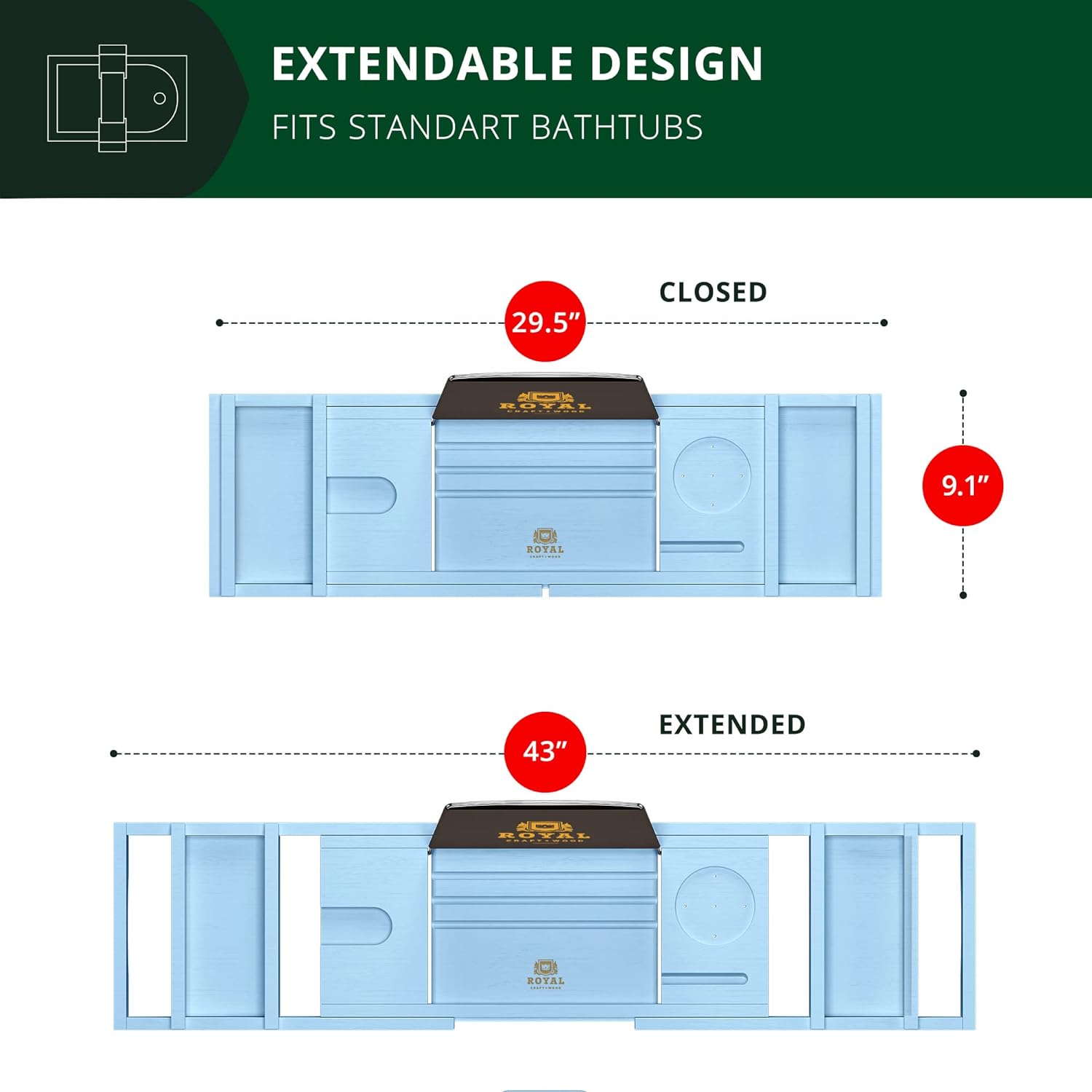 ROYAL CRAFT WOOD Foldable Bathtub Tray Caddy Bamboo Bathtub Tray Expandable, Bath Tub Table Caddy with Extending Sides - Free Soap Dish