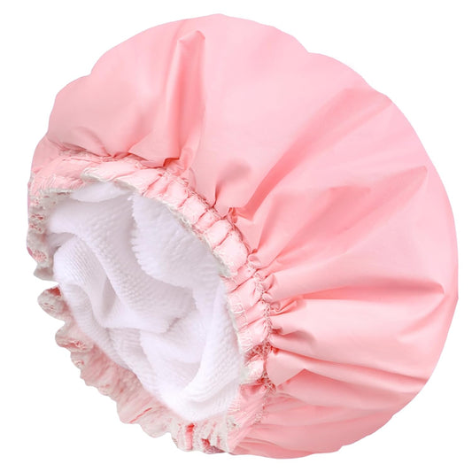 Shower Caps for Women, Terry Cloth Lined EVA Exterior Elastic and Reusable Bath Caps, Double Waterproof Layers Shower Cap, Bathing Shower Caps, Environmental Protection Bath Hair Cap - Pink