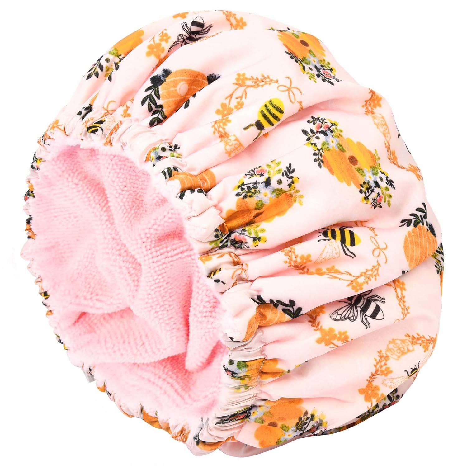 Shower Cap for Women Terry Lined Bath Cap Large Reusable Waterproof Elastic Band Pink Shower Caps for Long Thick Hair Soft Bath Shower Hair Caps