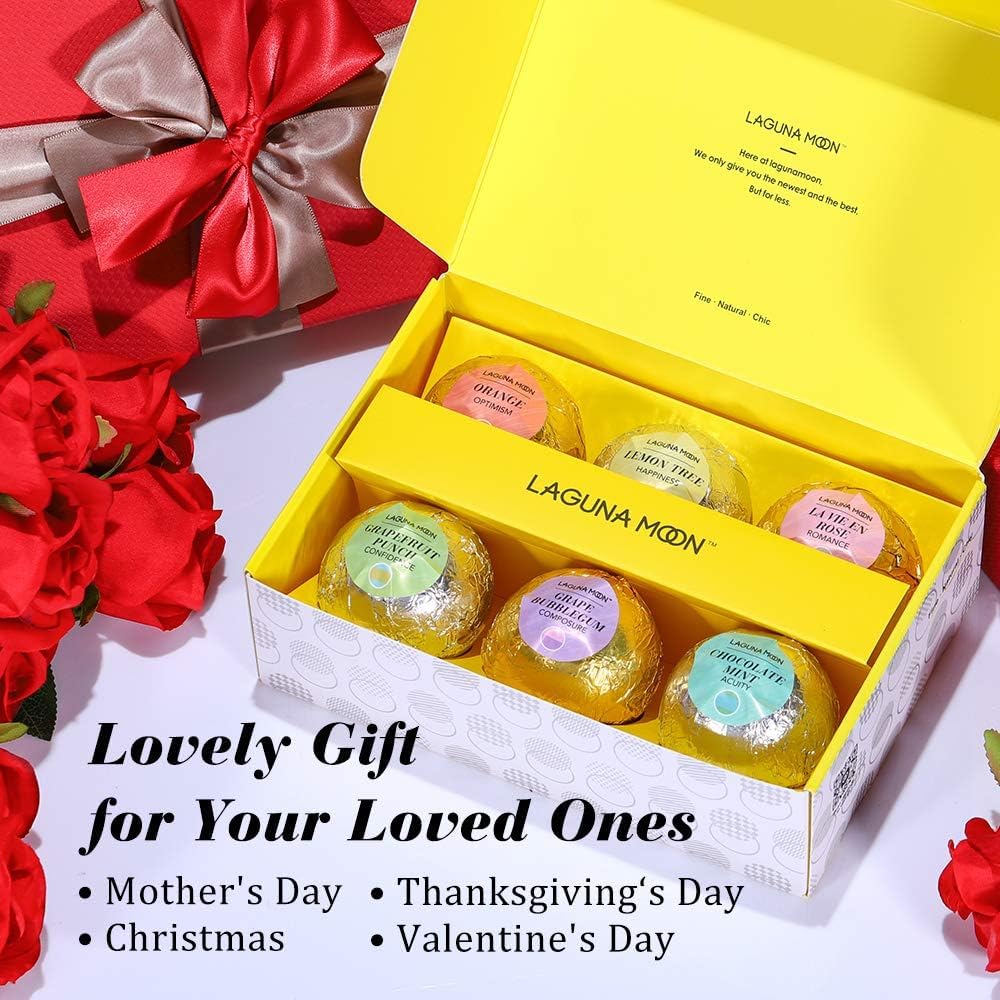 Lagunamoon Bath Bombs Gift Set, 6 Piece XXL Handmade Fizzy Shower Bombs with Essential Oils, Coconut Oil to Moisturize Dry Skin - Relaxing Spa Day for Women, Men, Kids - Birthday, Anniversary