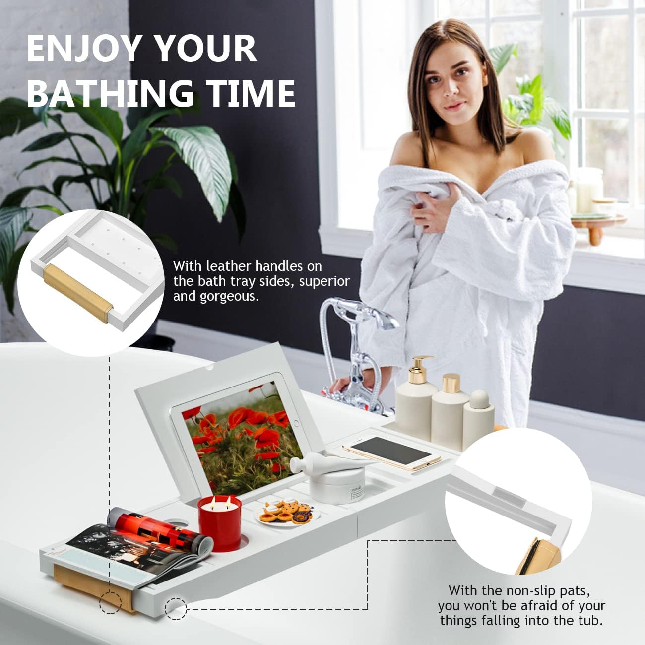 Bathtub Tray Luxury Bathtub Caddy, Expandable Bath Tray with Leather Grip, Adjustable 1 or 2 Person Bath Table Bed Tray with Slots for book Phone holder, Bamboo Bathroom Organizer & Accessories, White
