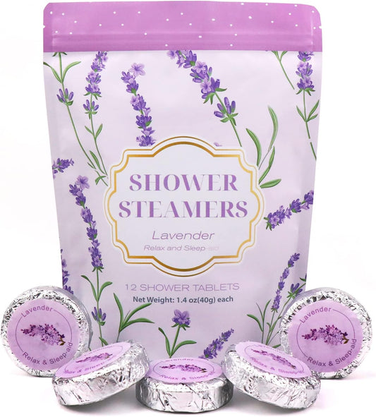 Poleview Lavender Shower Steamers Aromatherapy, Stress Relief Gifts for Women and Men, Strongly Scented Long Lasting Essential Oil Aromatherapy Shower Bombs for Self Care Relaxation Spa - 12 Packs