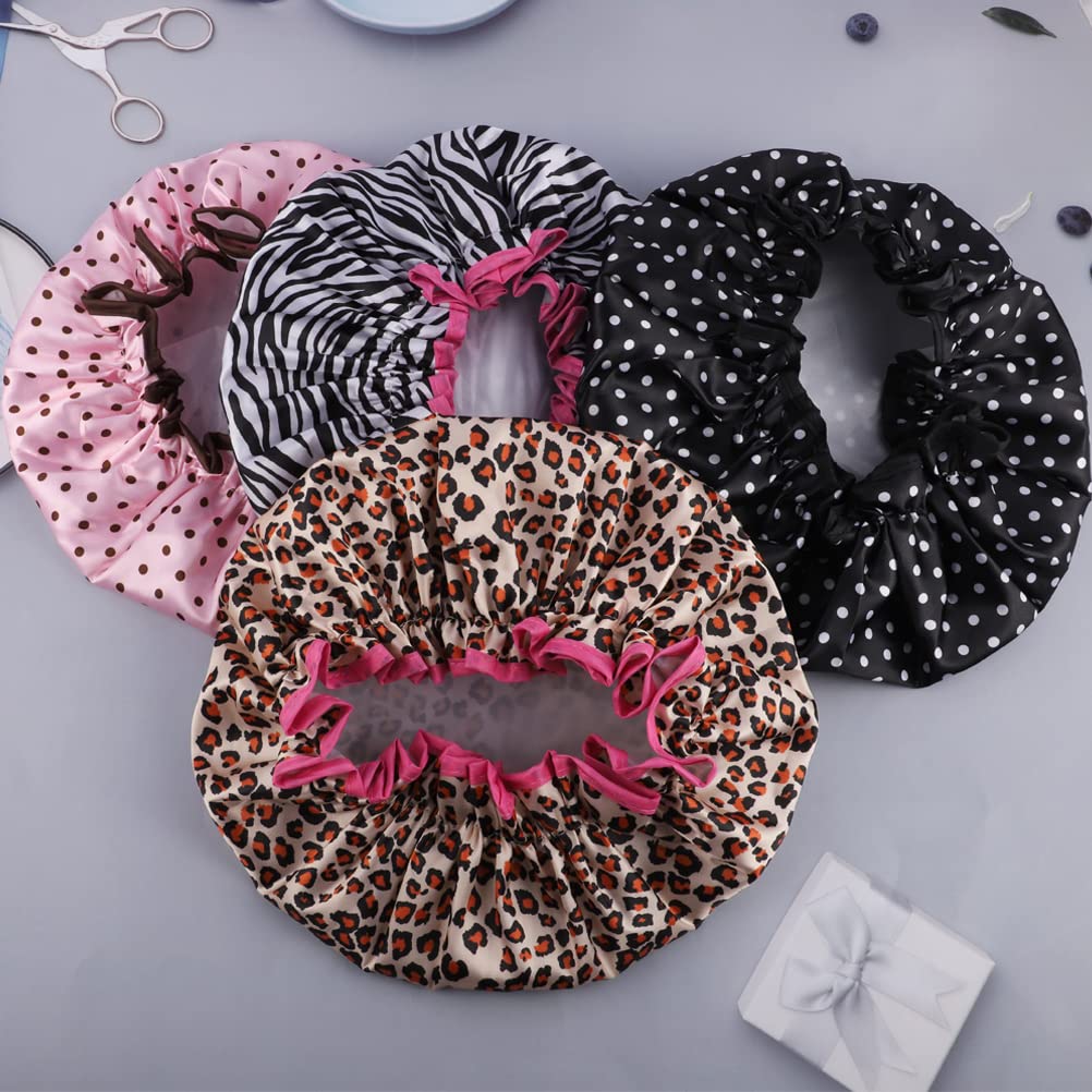 4 Pcs Reusable Shower Cap, Waterproof Shower Cap Elastic Double Layers Shower Hat Bath Caps for Women