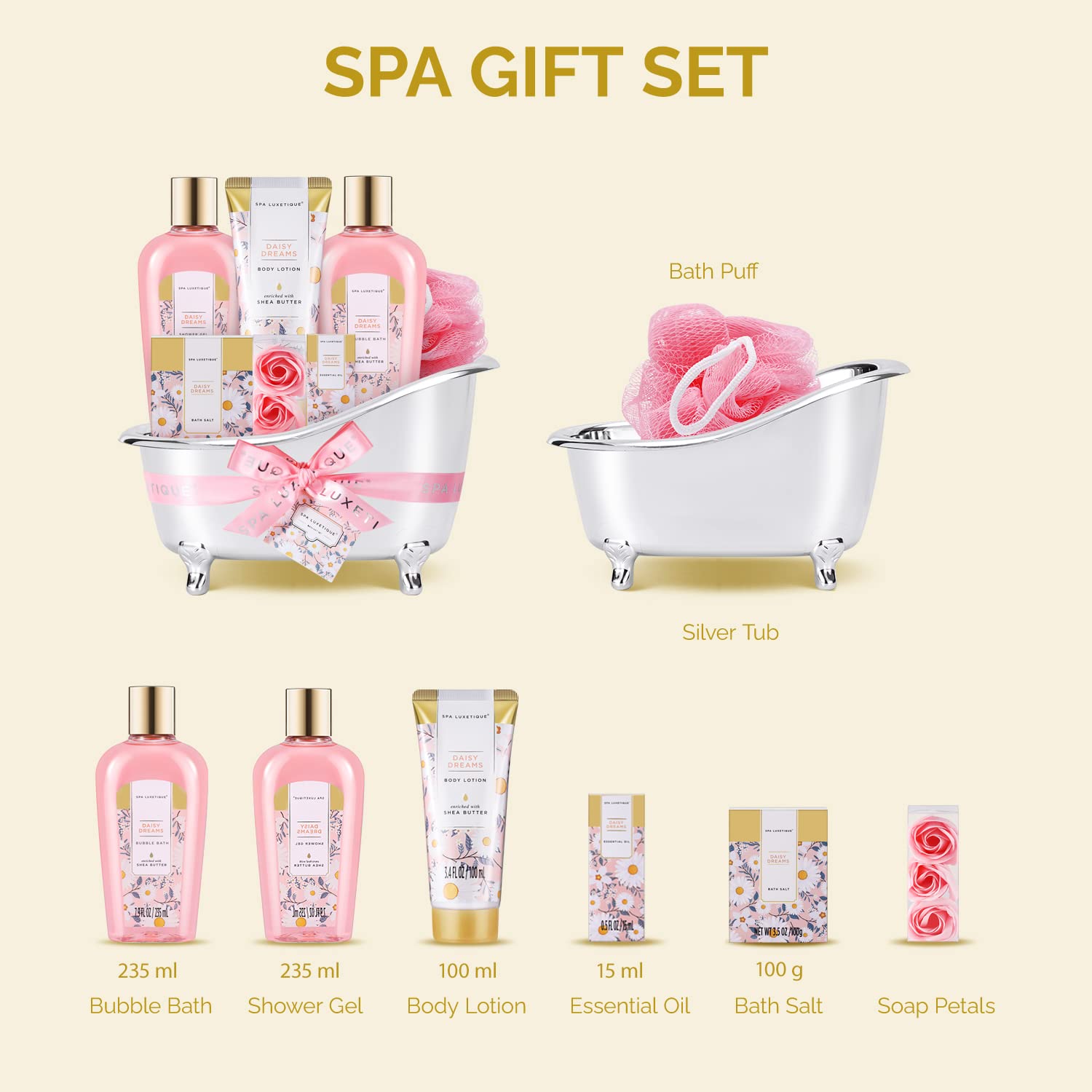 Spa Kit for Women Gift Set, Spa Luxetique Bath and Body Gift Sets for Women, 8pcs Daisy Body Wash Set with Bubble Bath, Body Lotion, Birthday Gifts for Women, Christmas Bath Gifts Spa Set