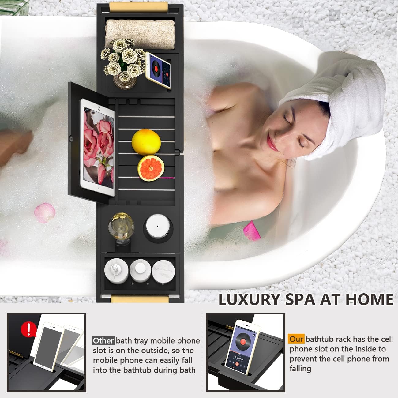 Bathtub Tray Luxury Bathtub Caddy, Expandable Bath Tray with Leather Grip, Adjustable 1 or 2 Person Bath Table Bed Tray with Slots for book Phone holder, Bamboo Bathroom Organizer & Accessories, White