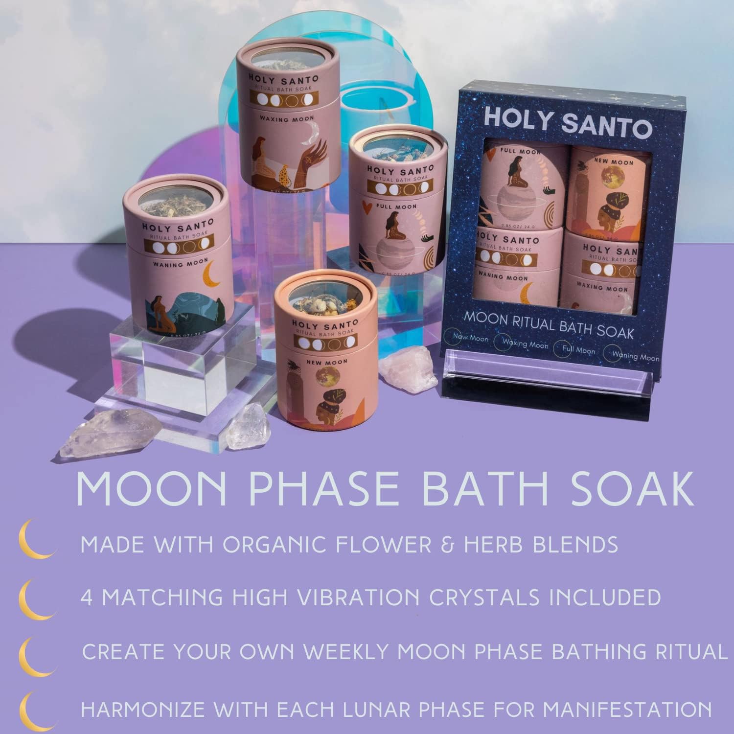 Moon Phase Organic Bath Soak with Dried Herbs and Flowers, Lavender, Rose Petals, Eucalyptus- Ritual Bath Accessories with Crystals for Relaxation. Stress Relief and Self Care Gifts for Women