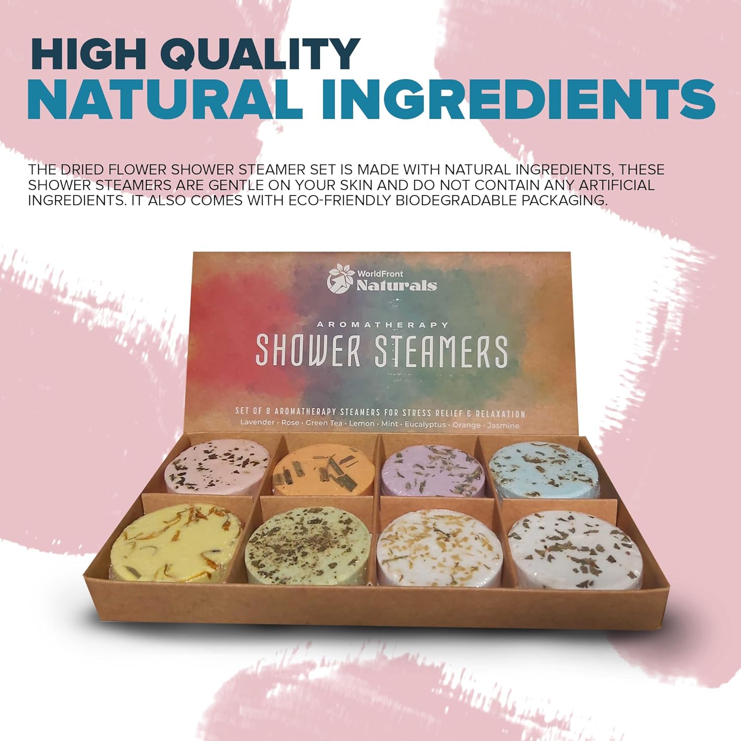 WorldFront Naturals Brand Round Shower Steamers Set - Aromatherapy Bath Bombs with 8 Natural Pure Essential Oils for Home Spa, 8-Pack Different Flavors Tablets - Perfect Gifts for Women
