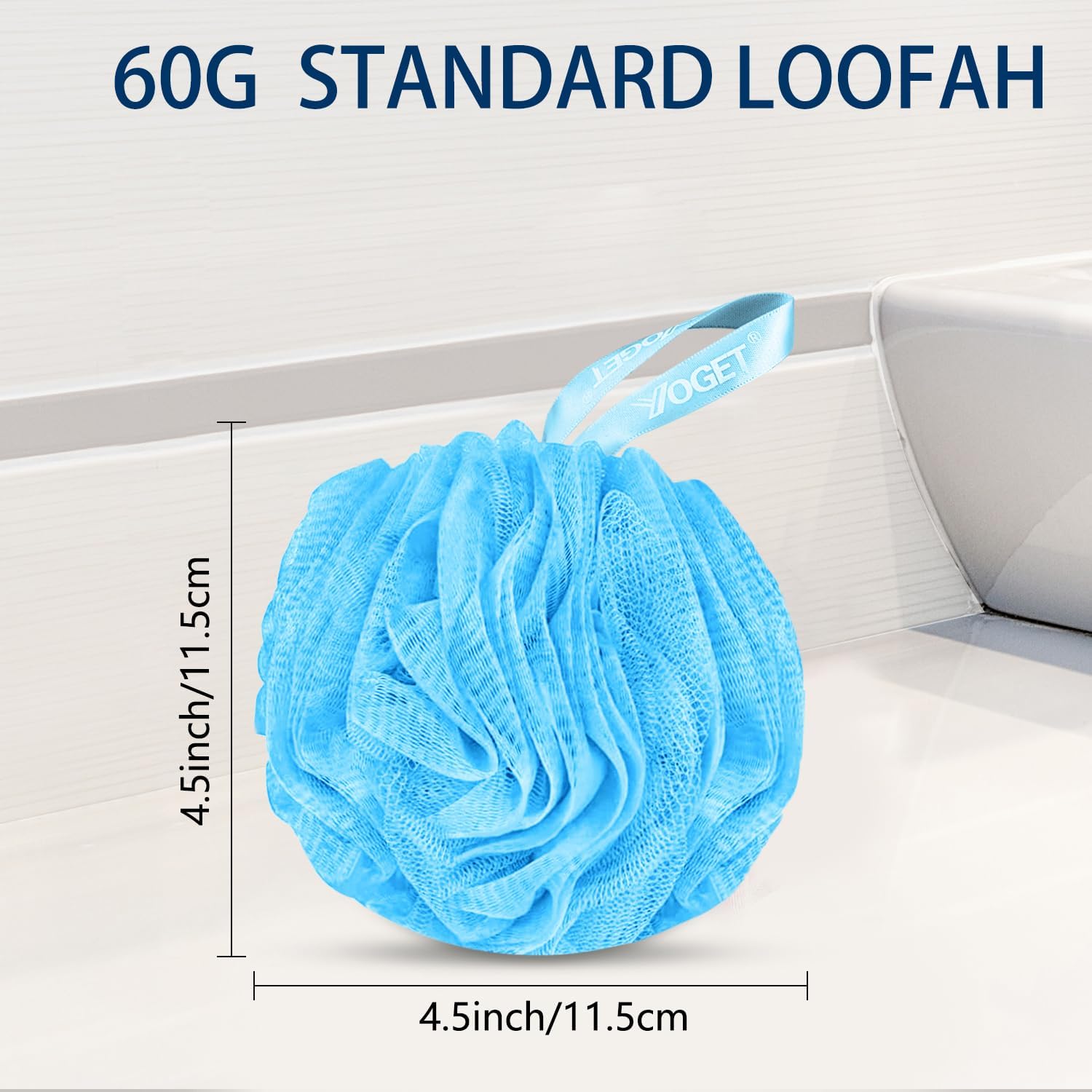 Yoget Charcoal Bath Loofah Sponge, 4 Pack Black 60G Large Shower Mesh Ball Soft Pouf Body Scrubber, Exfoliate, Cleanse, Soothe Skin, Black Loofah with White Trim