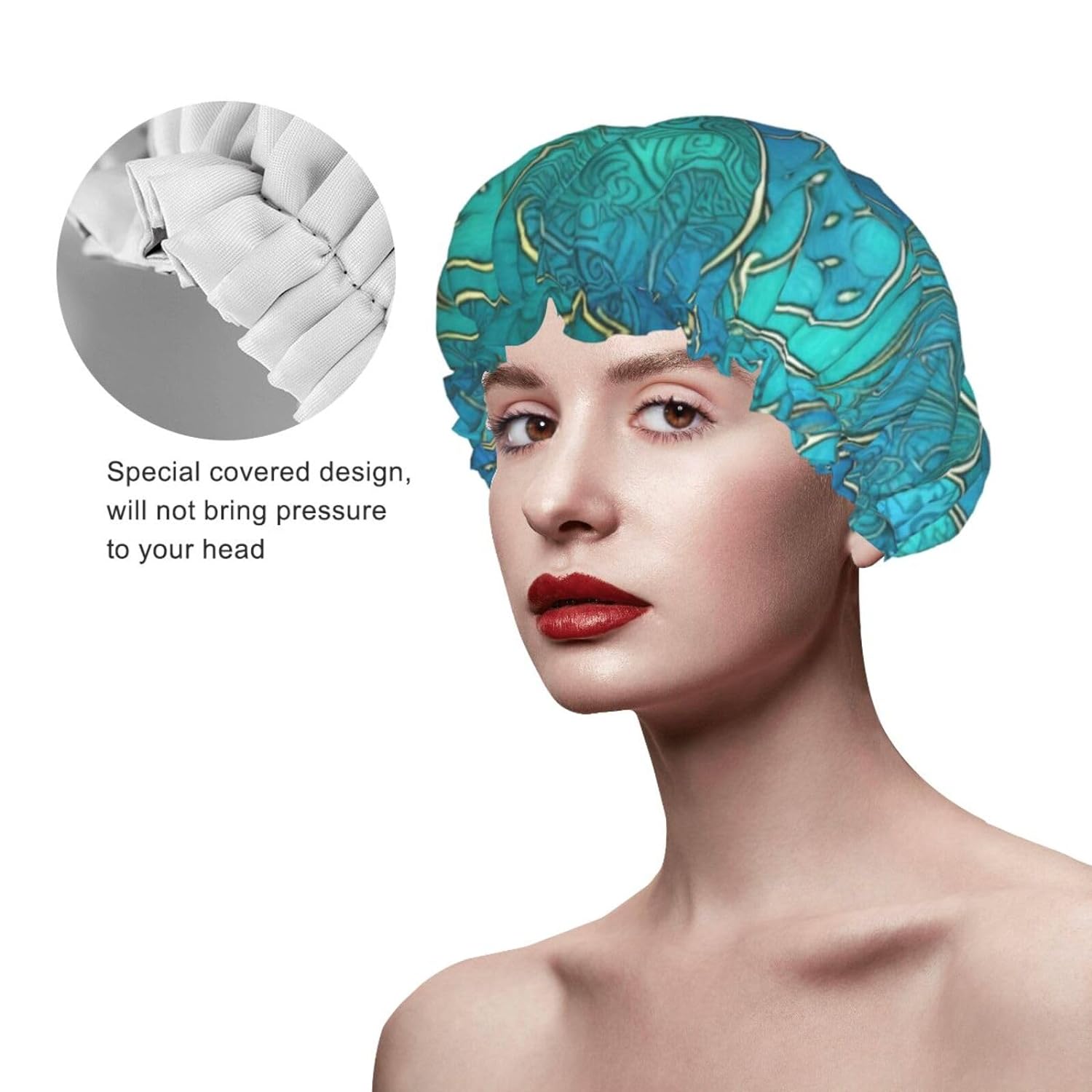 Turquoise Pattern Printed Shower Cap For Women Double Layer Waterproof Bath Hair Hat Reusable Bath Caps Elastic Hair Protection Ladies Spa Salon Bathing Shower Hat