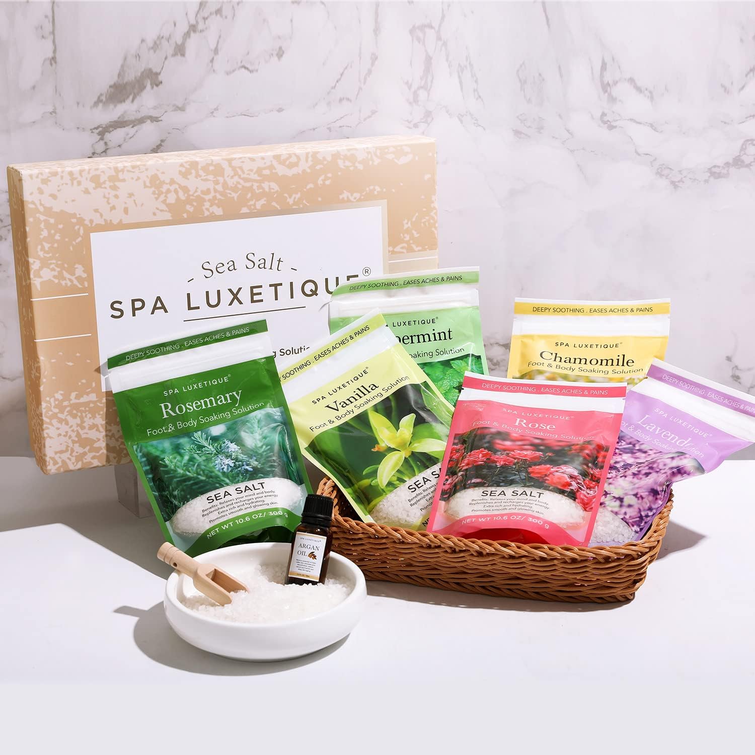 Bath Salts, Spa Luxetique Bath Salt for Soaking, Epsom Salts Set with 6 Pack Bath Salts, Wooden Spoons for Bath Salts, 0.5oz Argan Oil, Bath Salts for Women Relaxing Christmas Gifts,Gifts for Mom